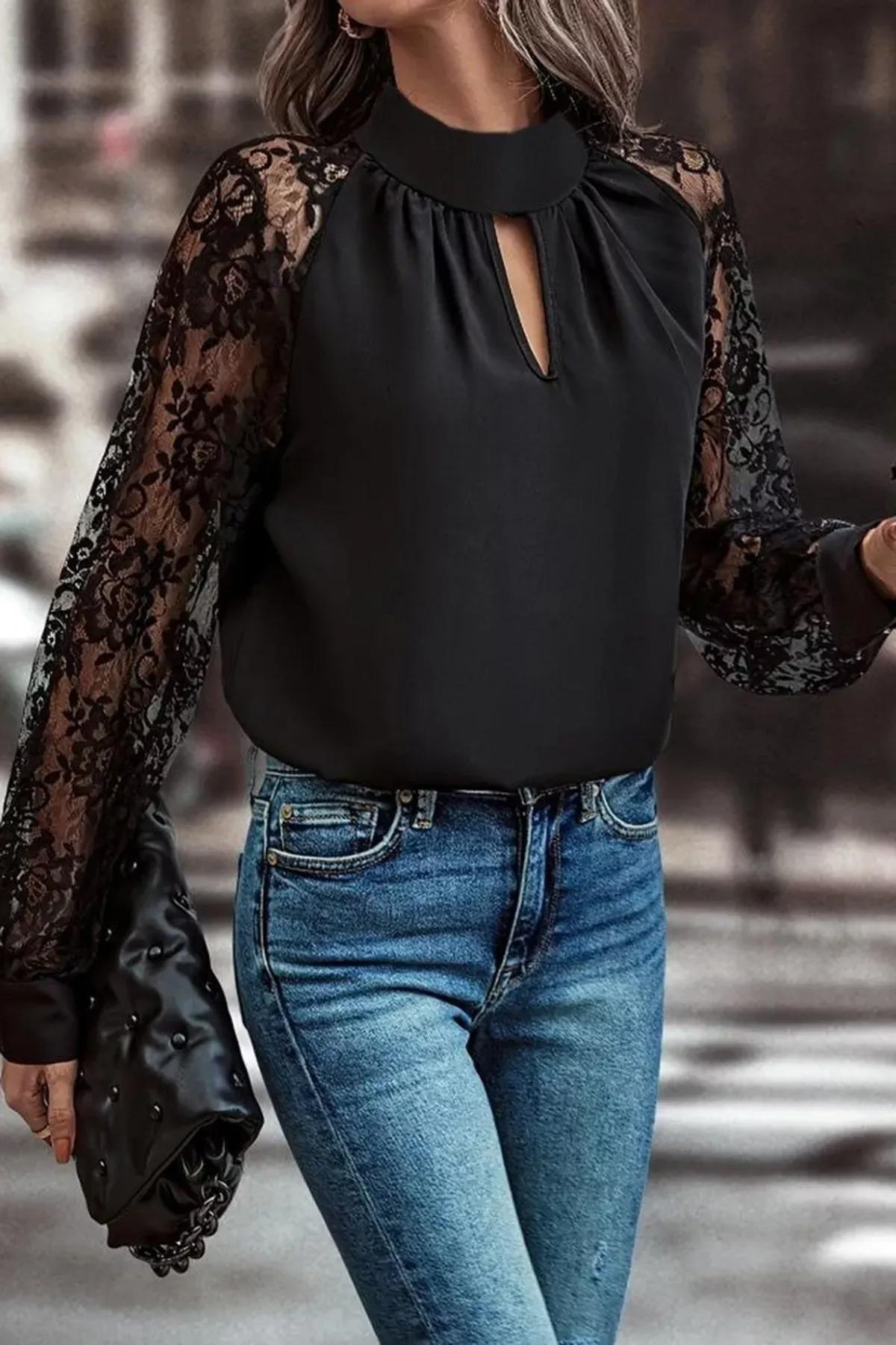 Black Lace Sleeve Detail Blouse, , large image number 0