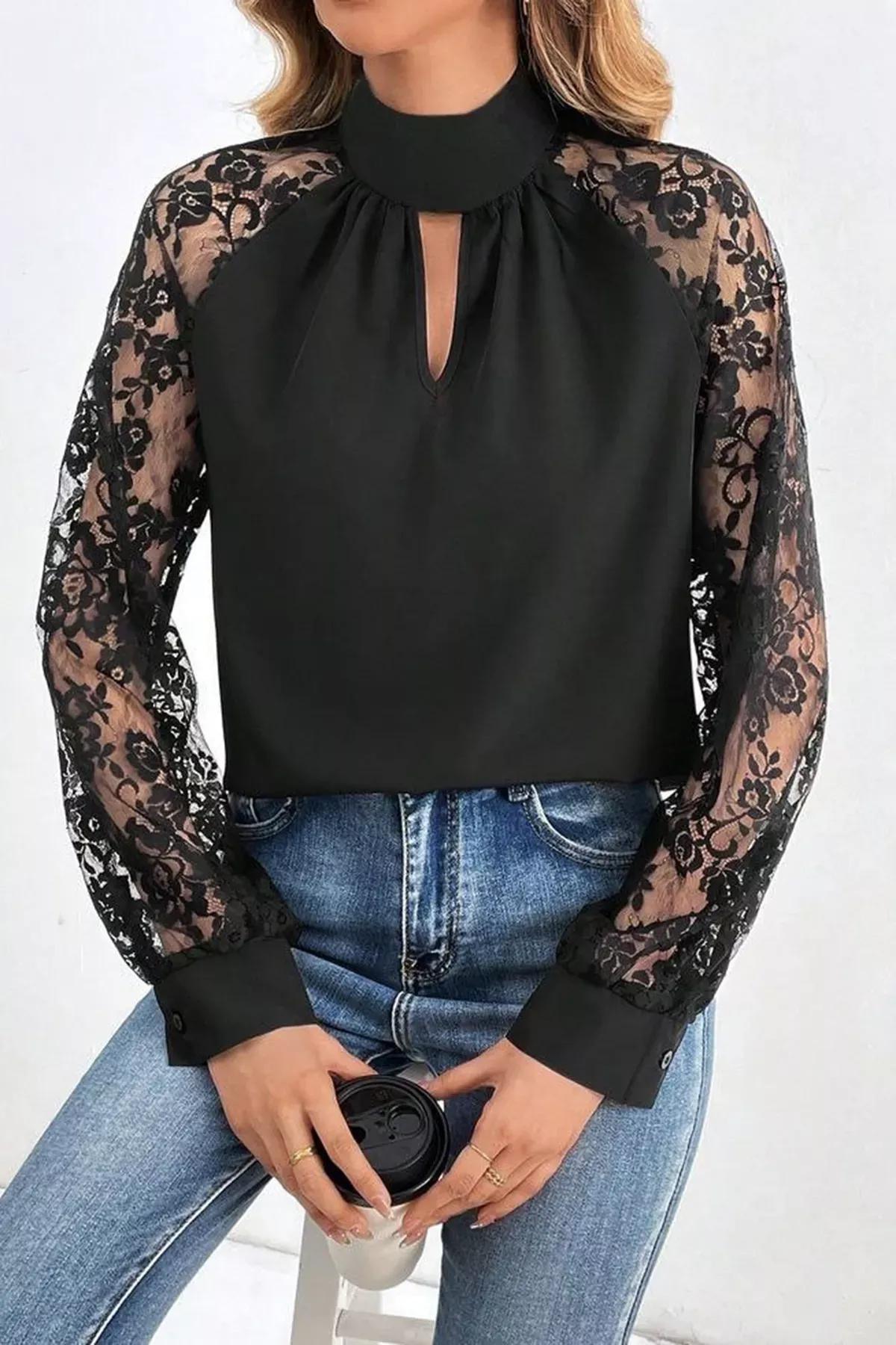 Black Lace Sleeve Detail Blouse, , large image number 1