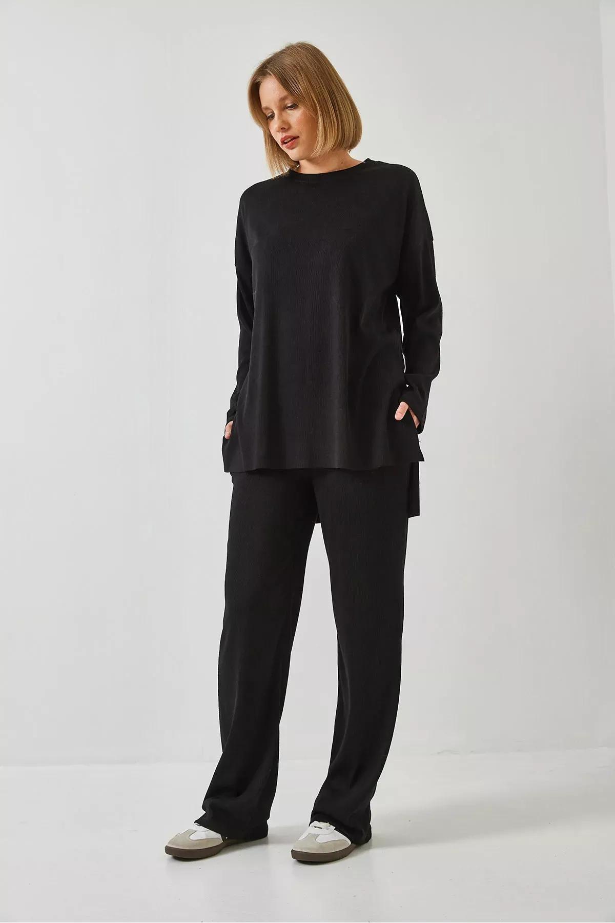 Black Basic Trouser Top-Bottom Set, BLACK, medium