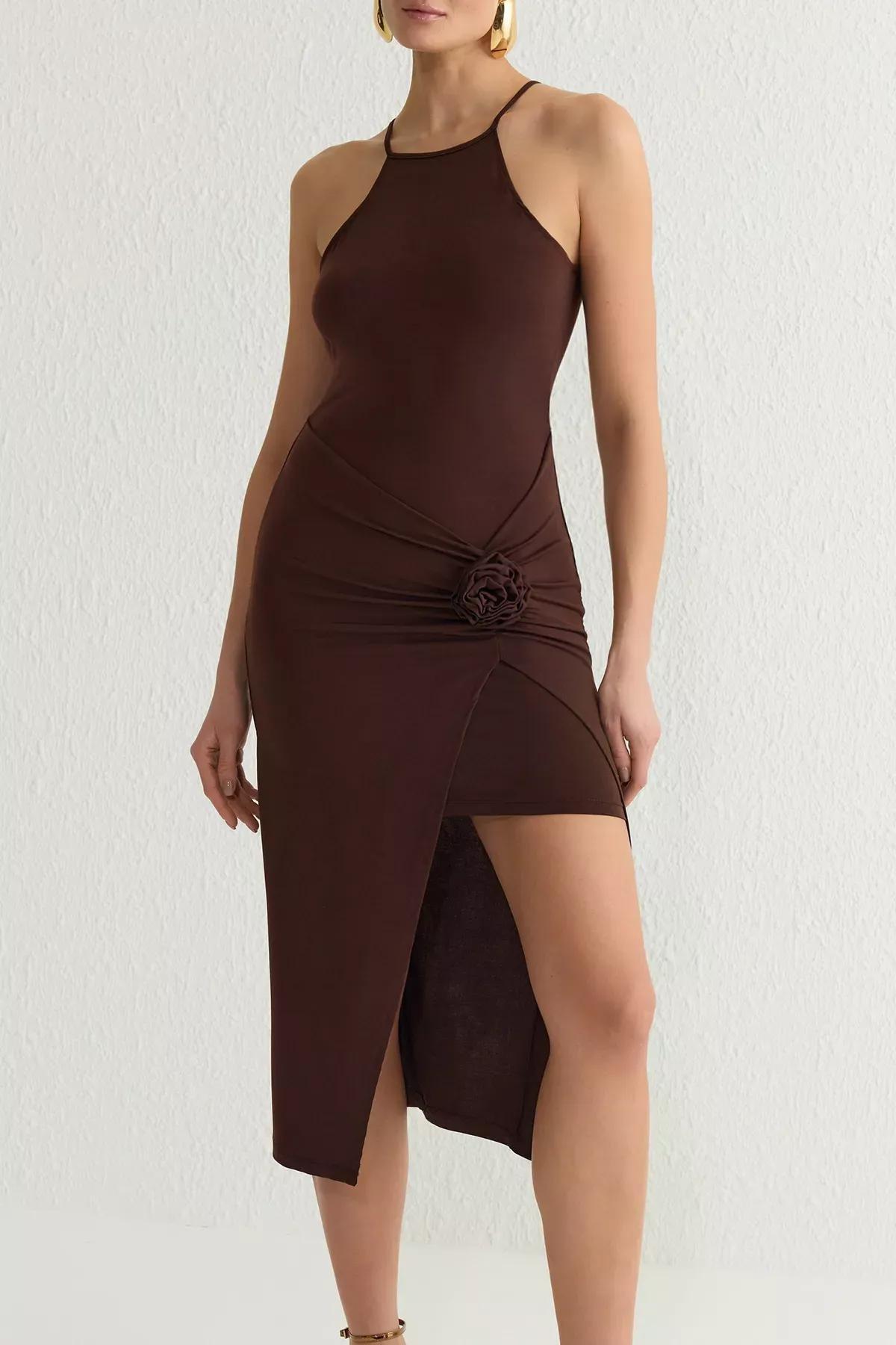 Brown Bodycon Rose Detailed Midi Dress, , large image number 2