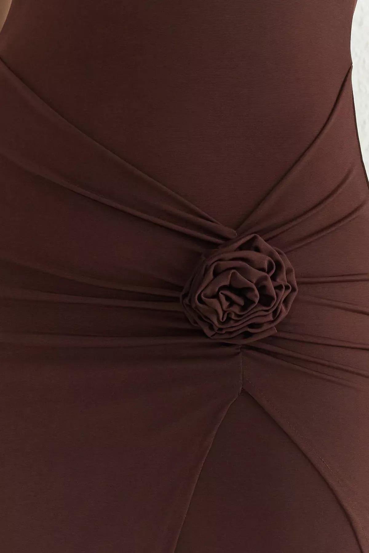 Brown Bodycon Rose Detailed Midi Dress, , large image number 3