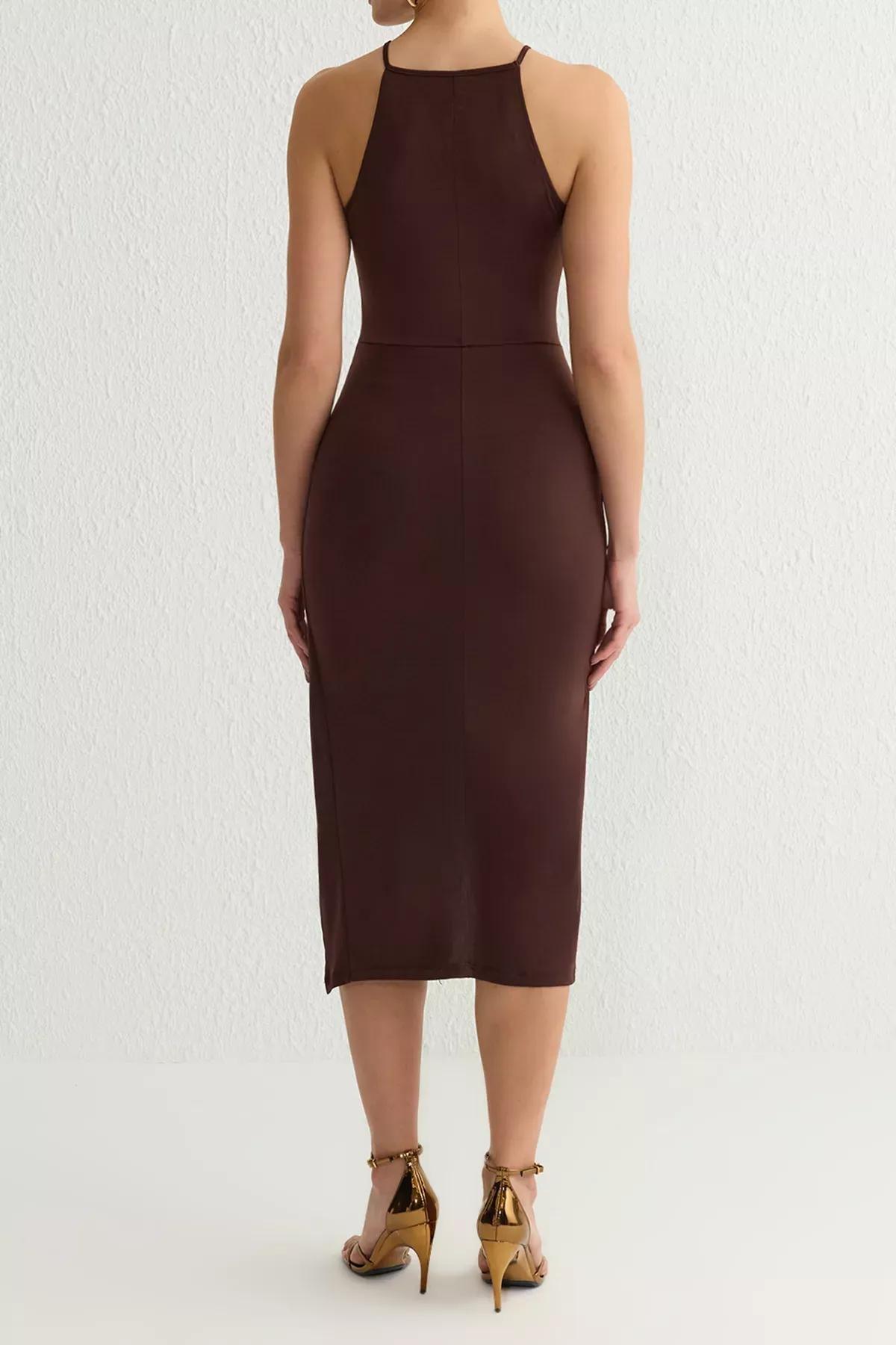 Brown Bodycon Rose Detailed Midi Dress, Brown, large image number 5