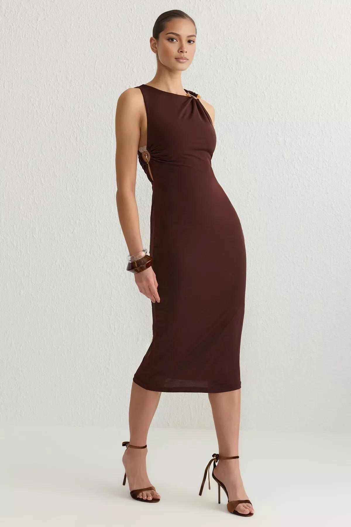 Brown Detailed Knitted Midi Dress, , large image number 0