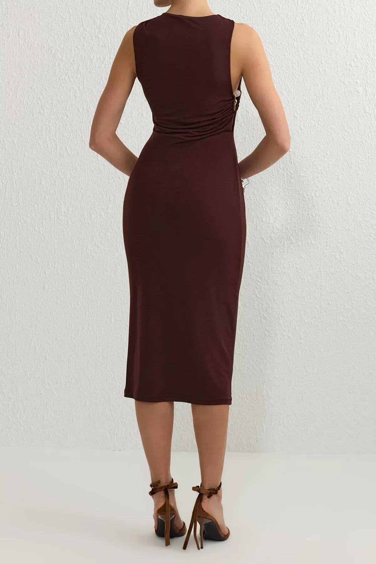 Brown Detailed Knitted Midi Dress, , large image number 4