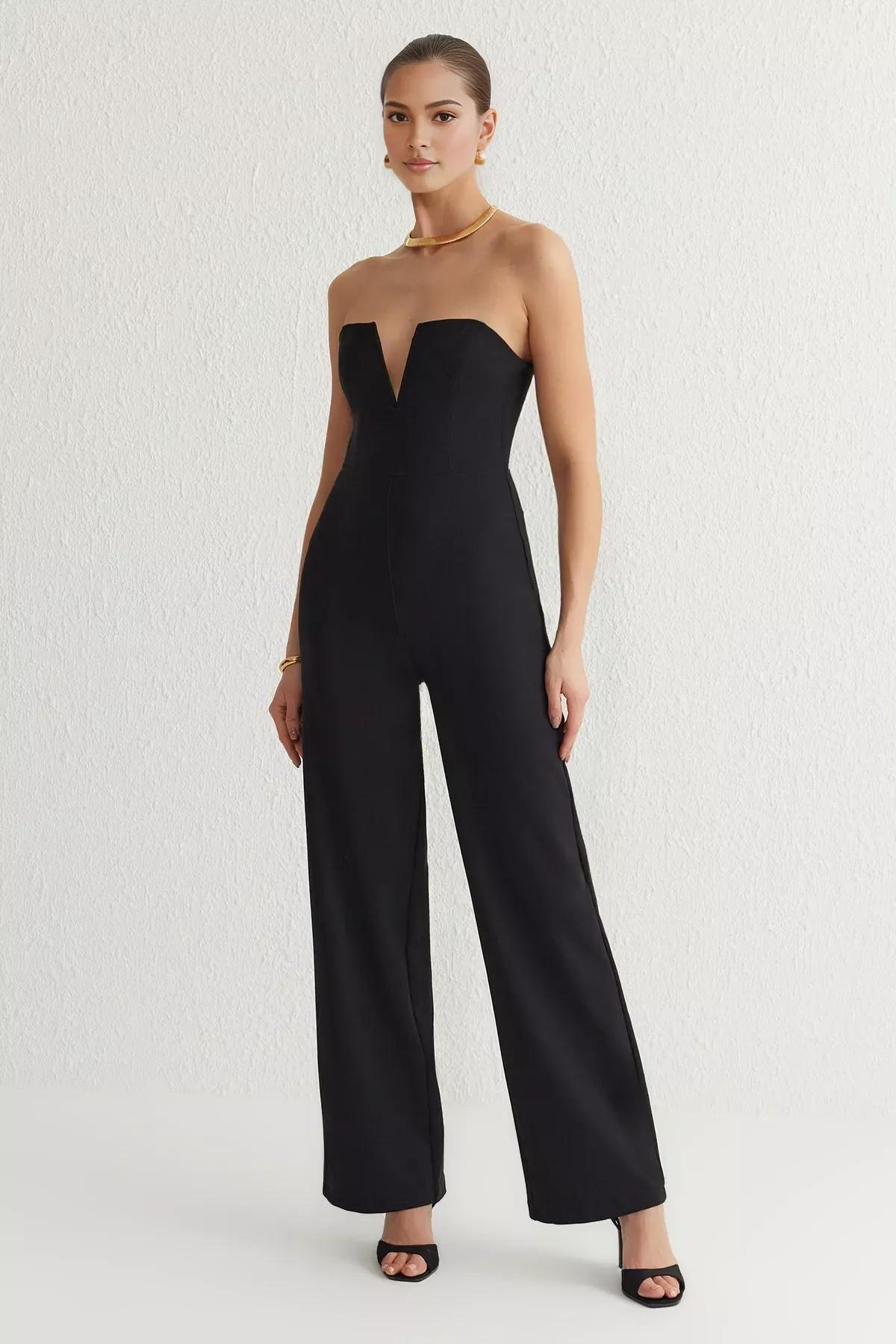 Black V-Neck Strapless Jumpsuit, , large image number 0