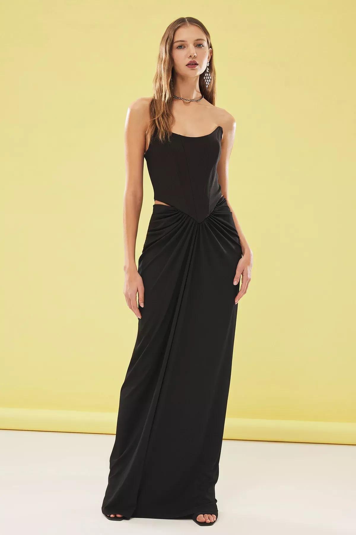 Black Detailed Corset Long Occasionwear Dress, , large image number 1