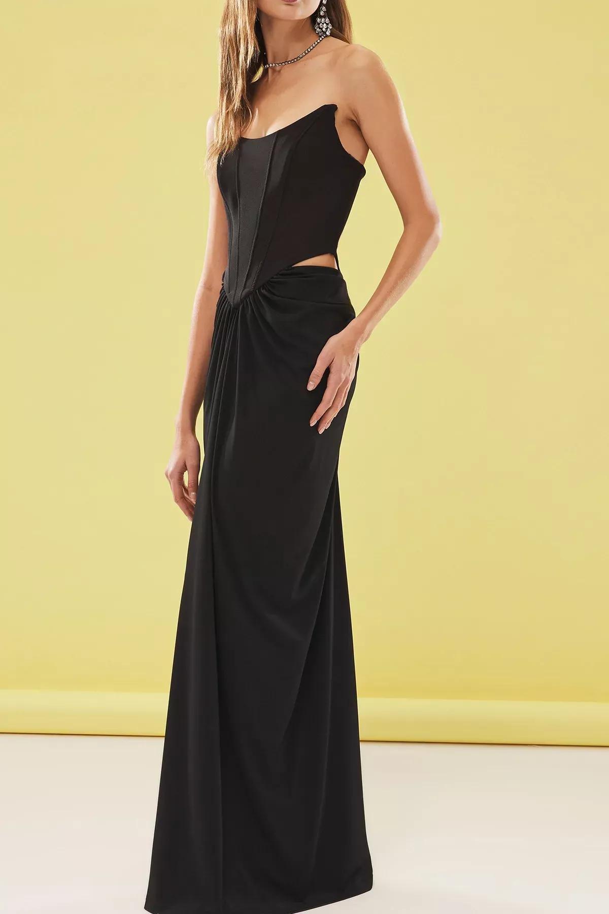 Black Detailed Corset Long Occasionwear Dress, , large image number 2