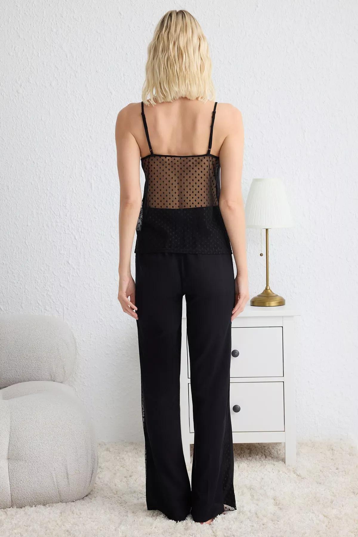 Black Polka Dot Lace Pajama Set (2 pcs), BLACK, large image number 4