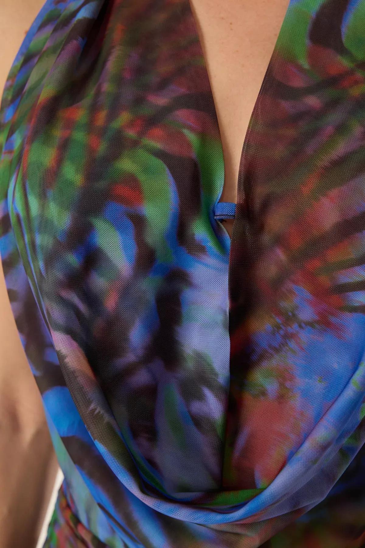 Blue Multicolor Cowl Neck Bodycon Dress, , large image number 4
