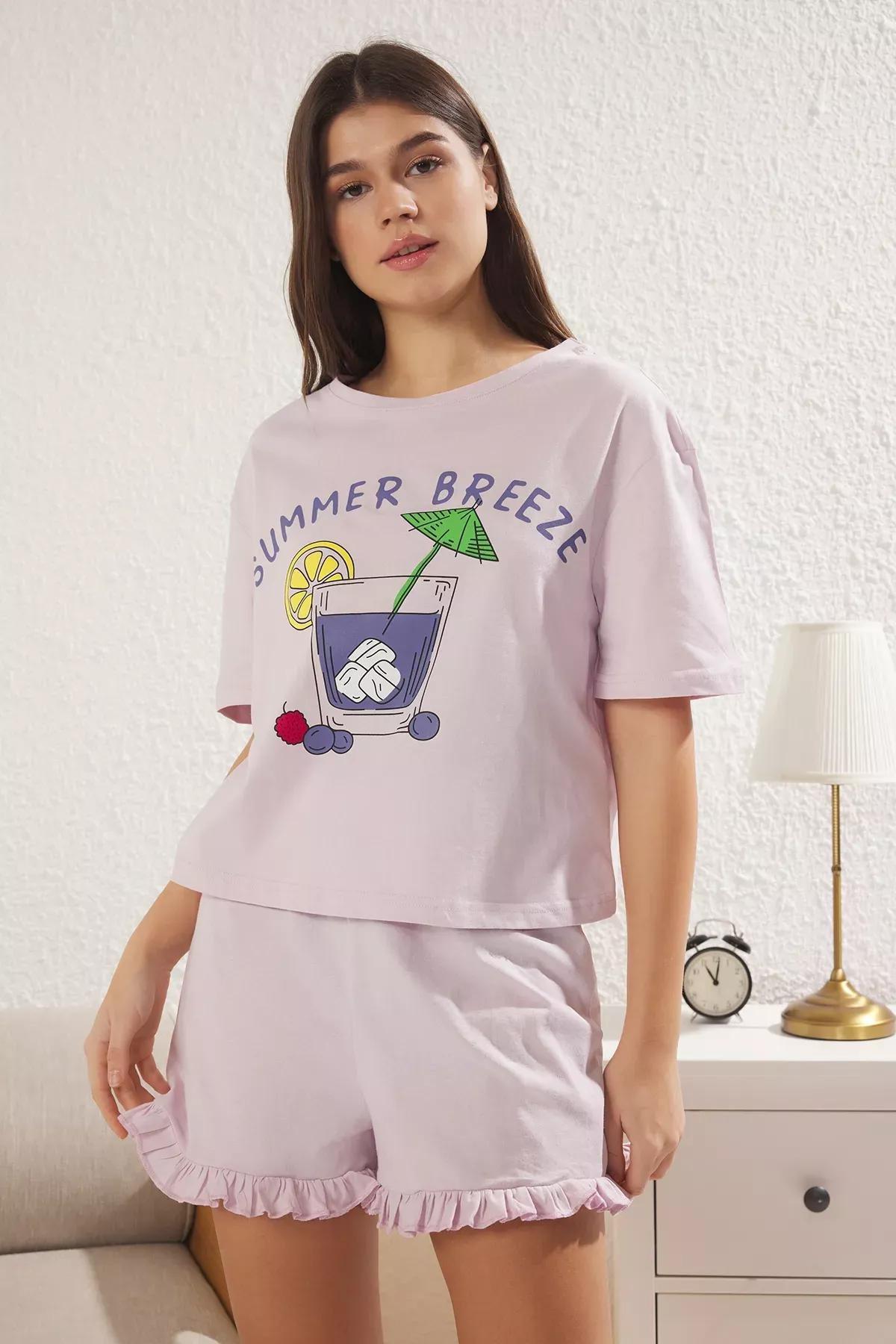 Purple Summer Themed Frilled Shorts Pajama Set, Lilac, large image number 0