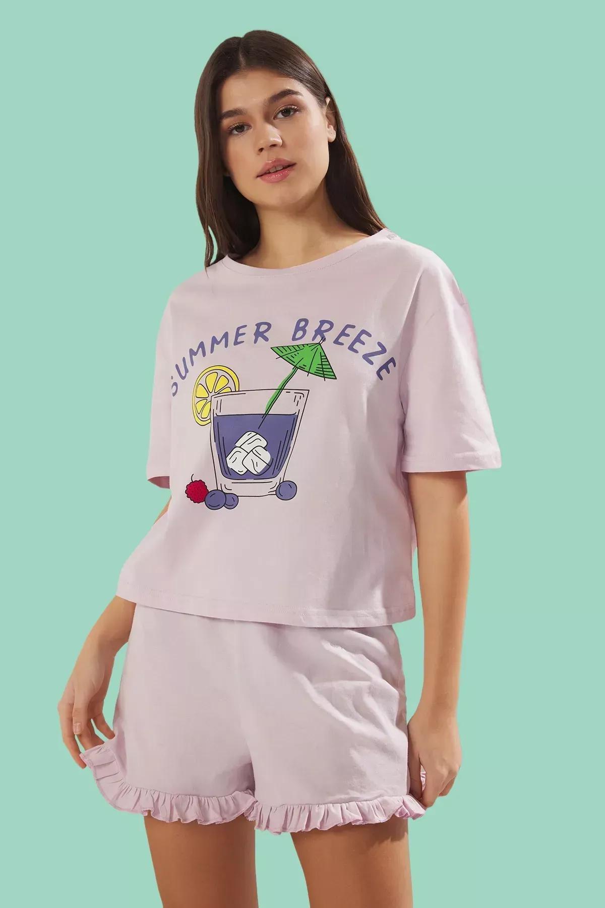 Purple Summer Themed Frilled Shorts Pajama Set, Lilac, large image number 1