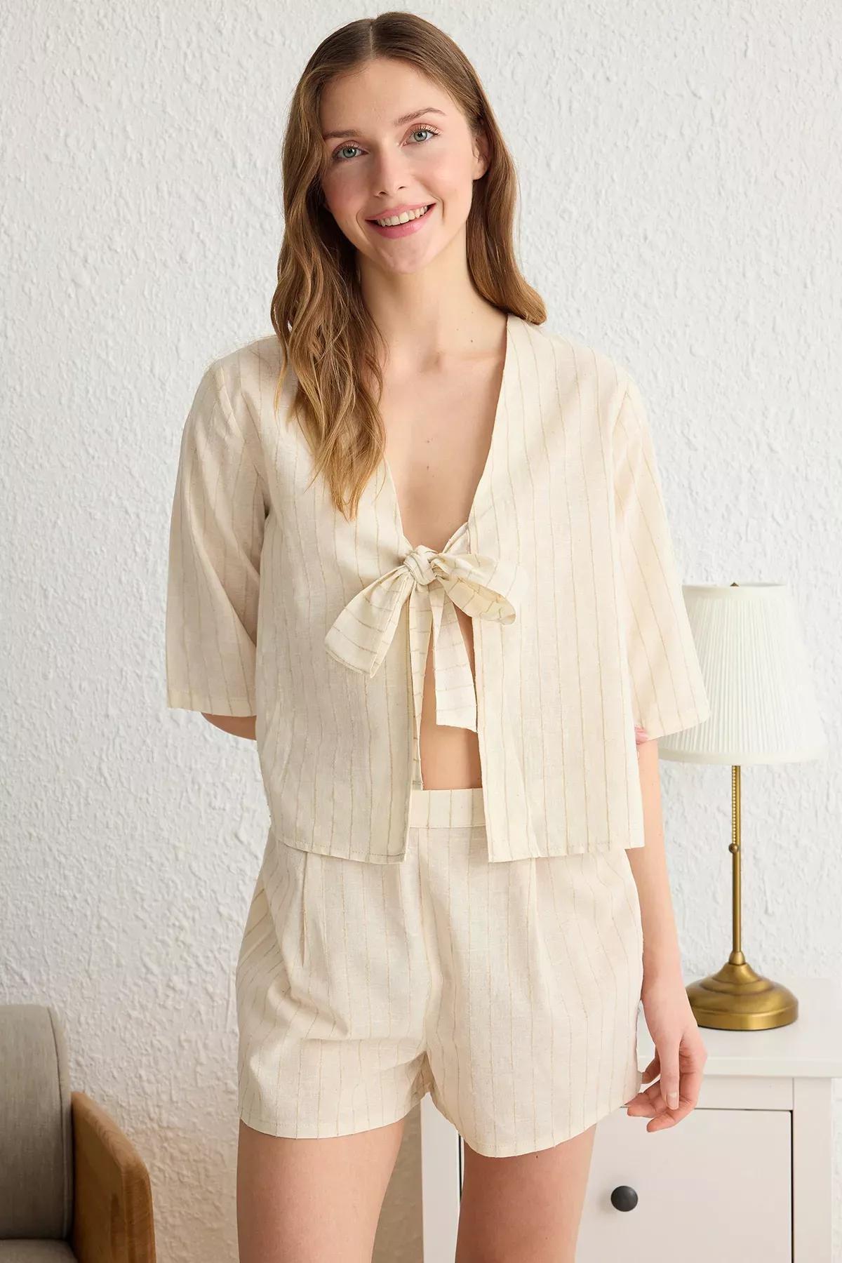 Beige Tied Bow Linen Shorts Pajama Set, , large image number 1