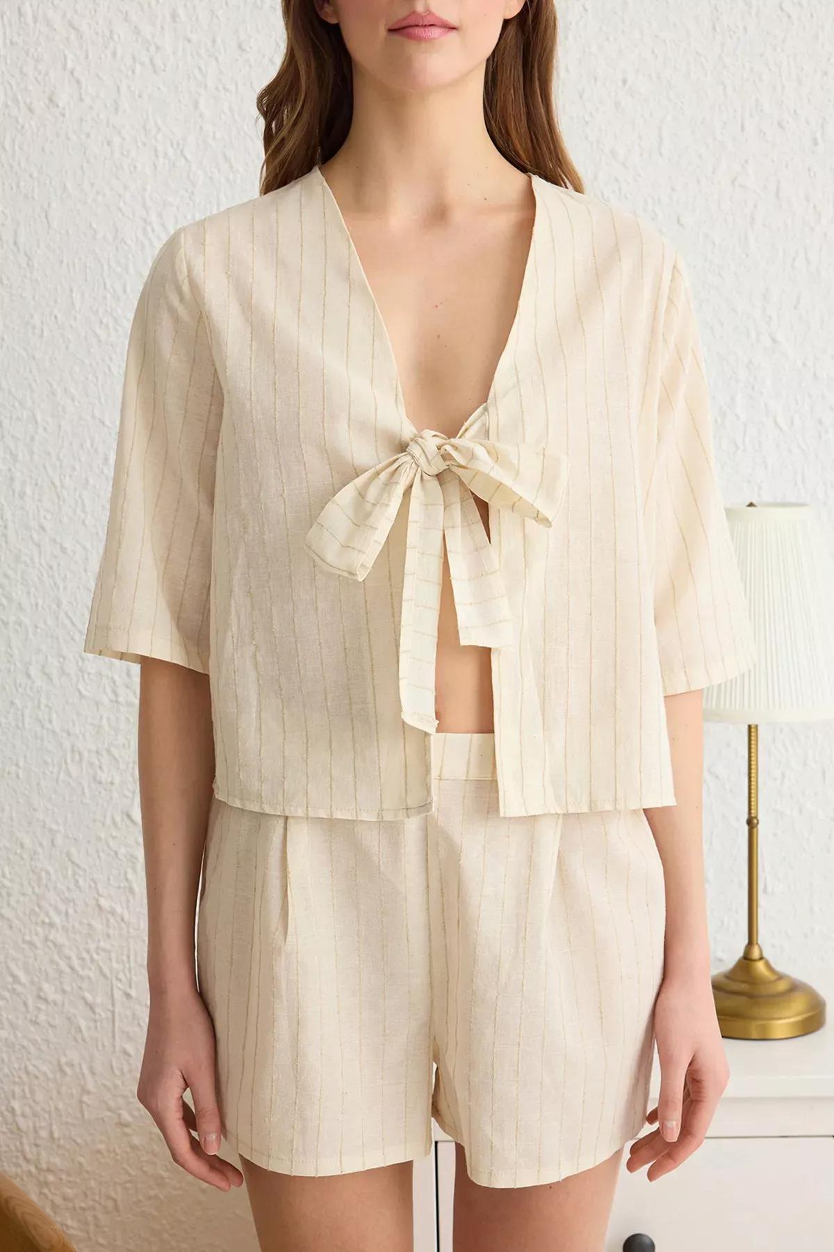 Beige Tied Bow Linen Shorts Pajama Set, , large image number 2