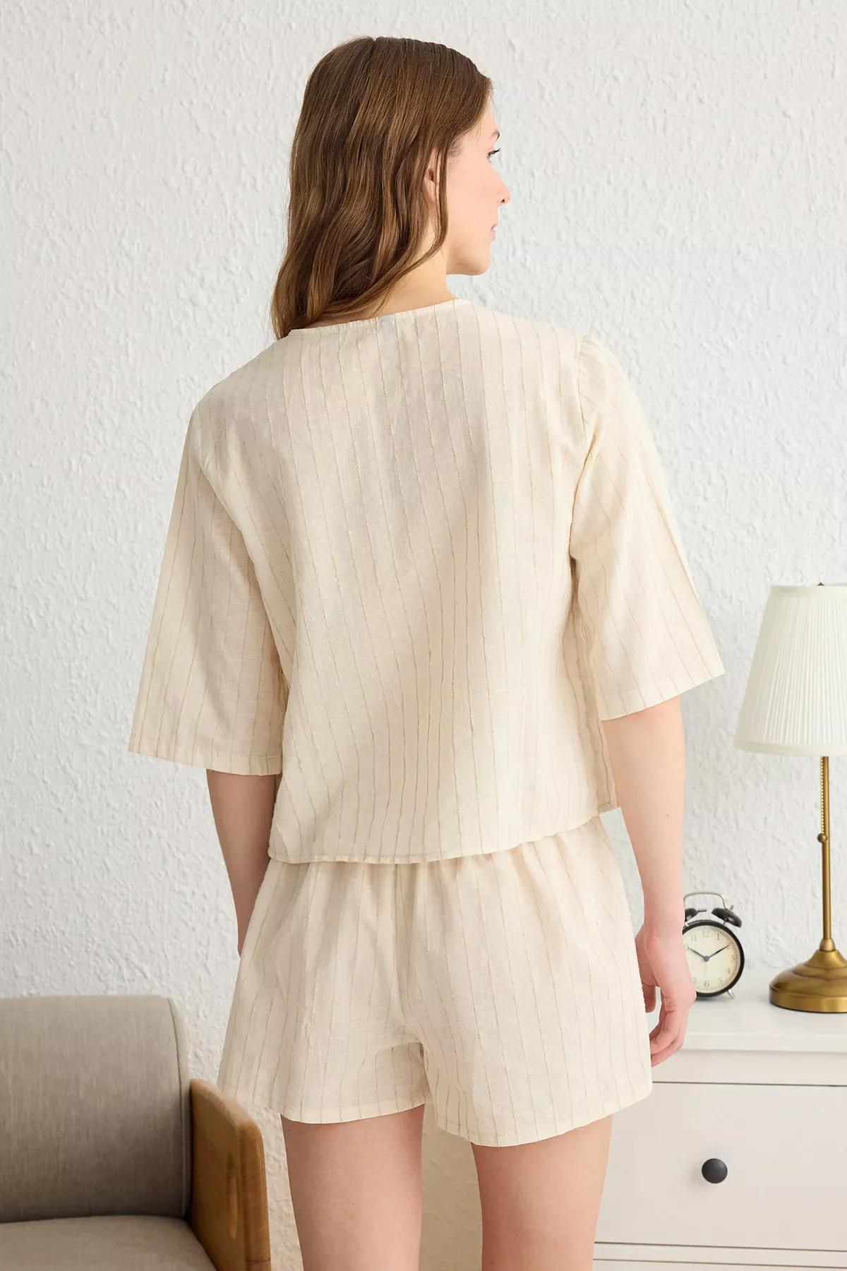 Beige Tied Bow Linen Shorts Pajama Set, , large image number 4