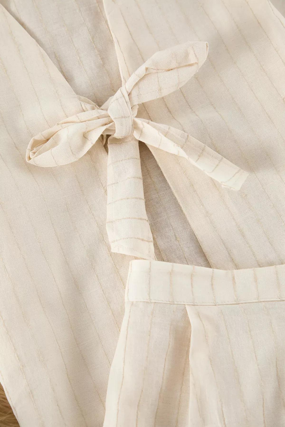 Beige Tied Bow Linen Shorts Pajama Set, , large image number 5