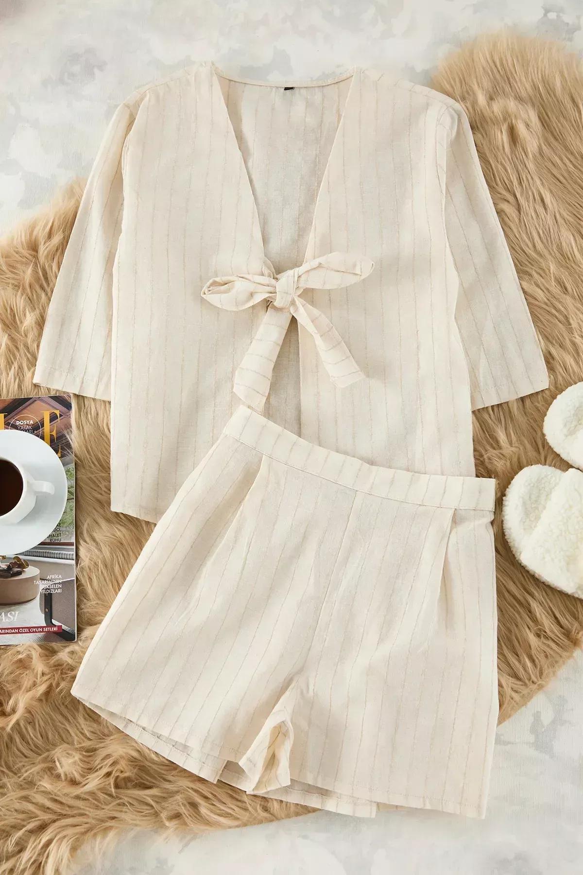 Beige Tied Bow Linen Shorts Pajama Set, Beige, large image number 6