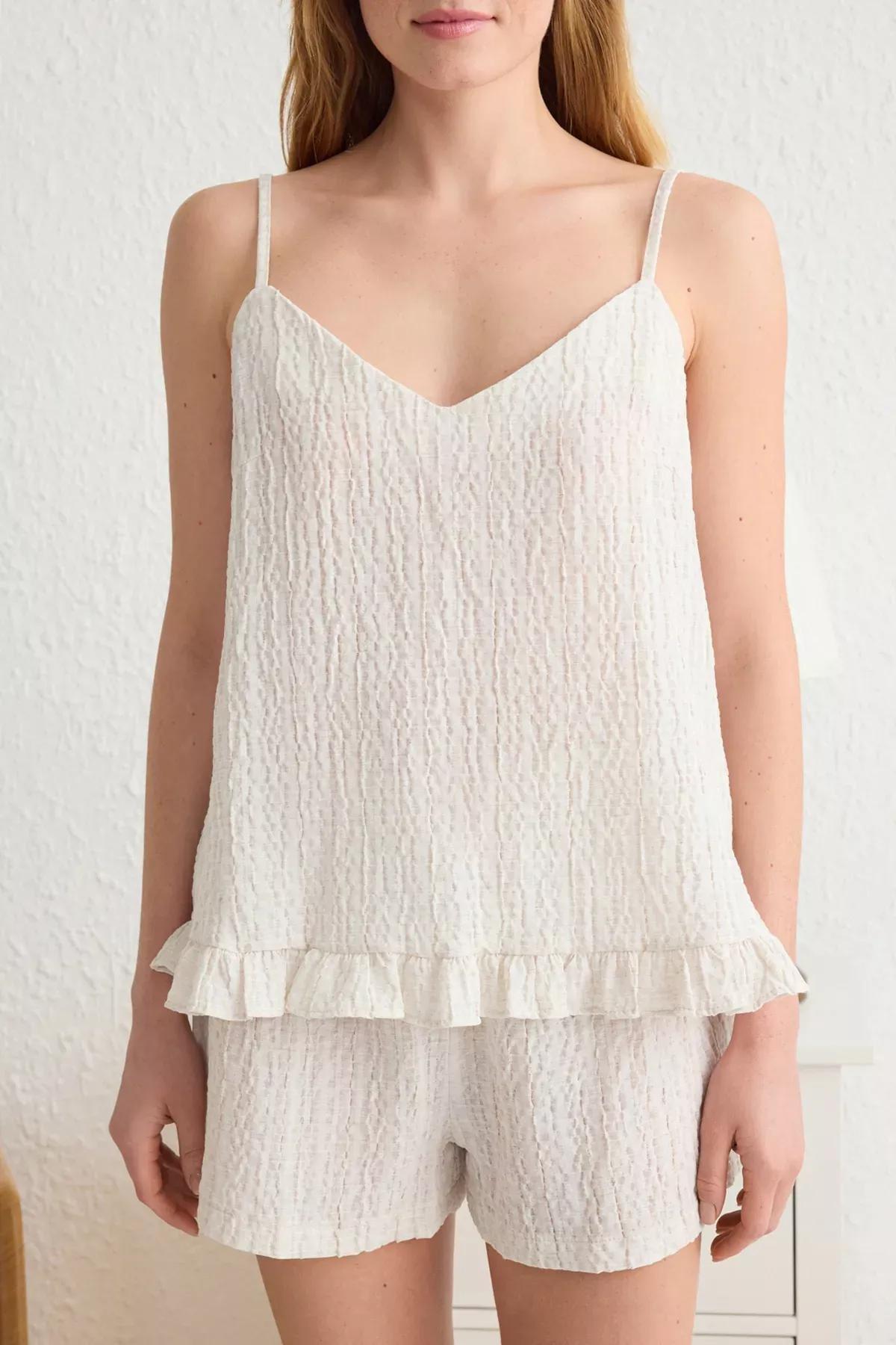 Beige Pajama Set with Ruffled Shorts, , large image number 2