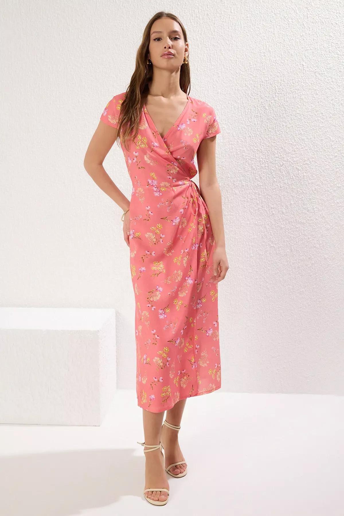 Pink Floral Patterned Double-Breasted Midi Dress, C101_7329, large image number 0