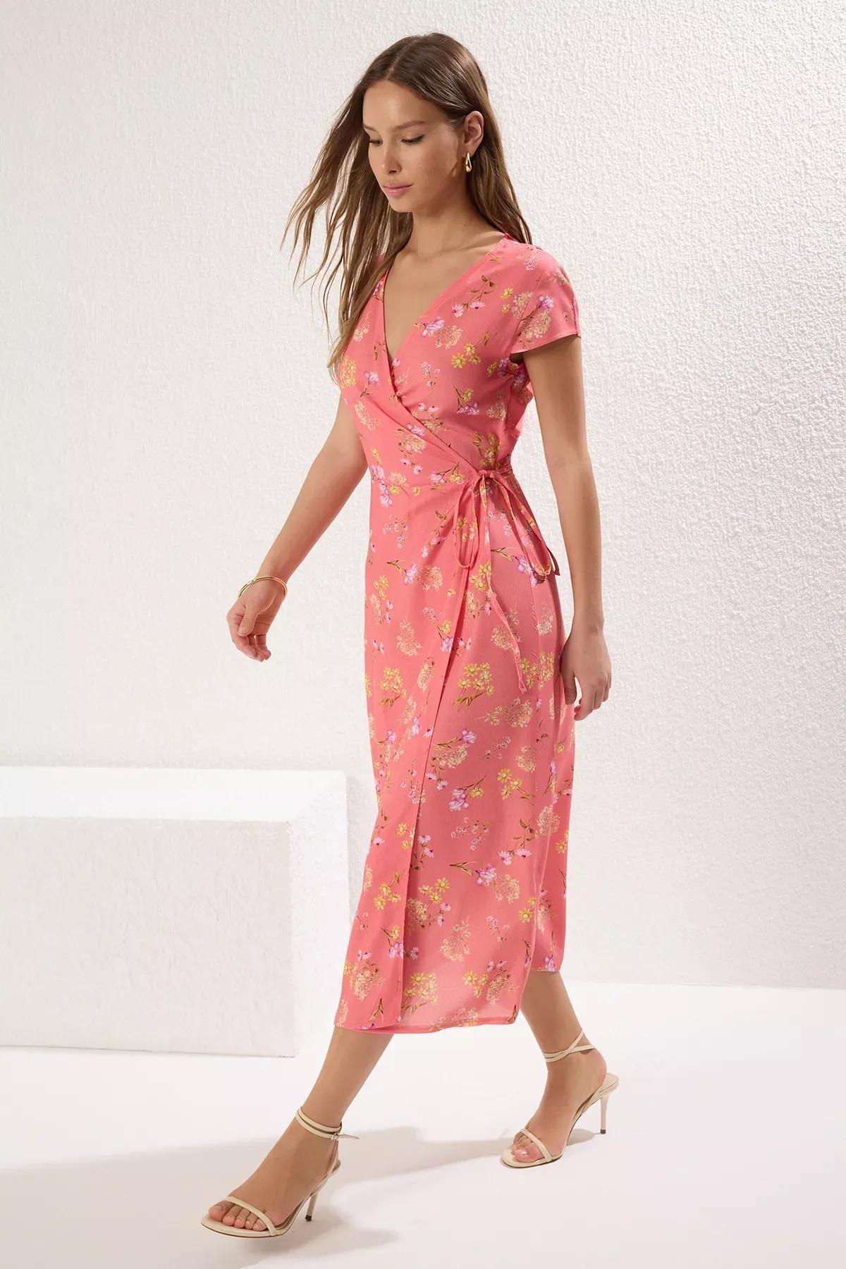 Pink Floral Patterned Double-Breasted Midi Dress, C101_7329, large image number 1