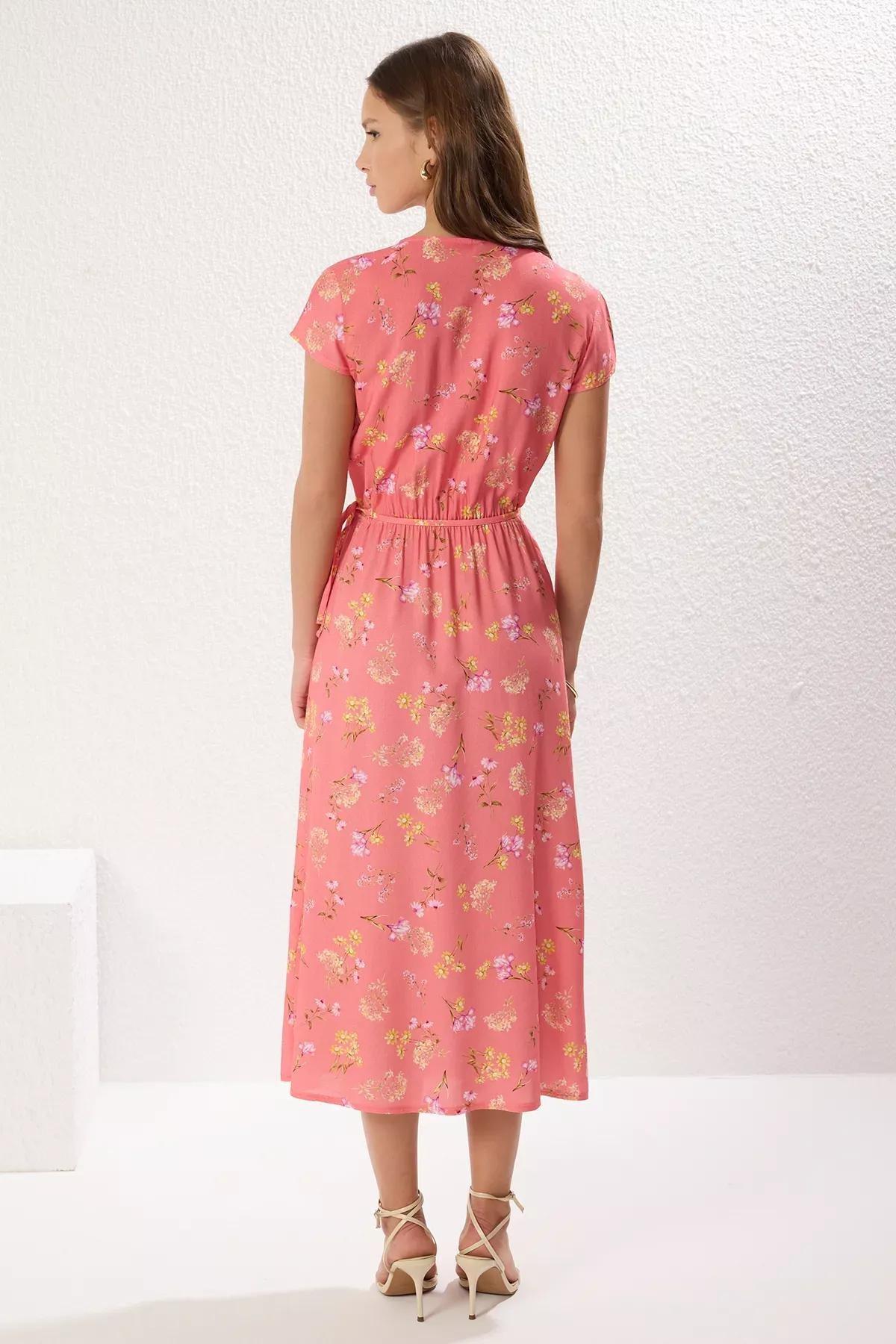 Pink Floral Patterned Double-Breasted Midi Dress, C101_7329, large image number 4