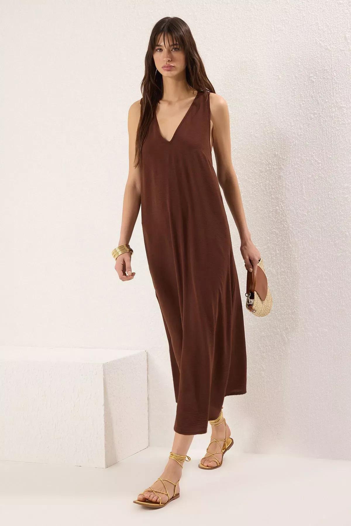 Brown Straight Cut Maxi Dress, Brown, medium