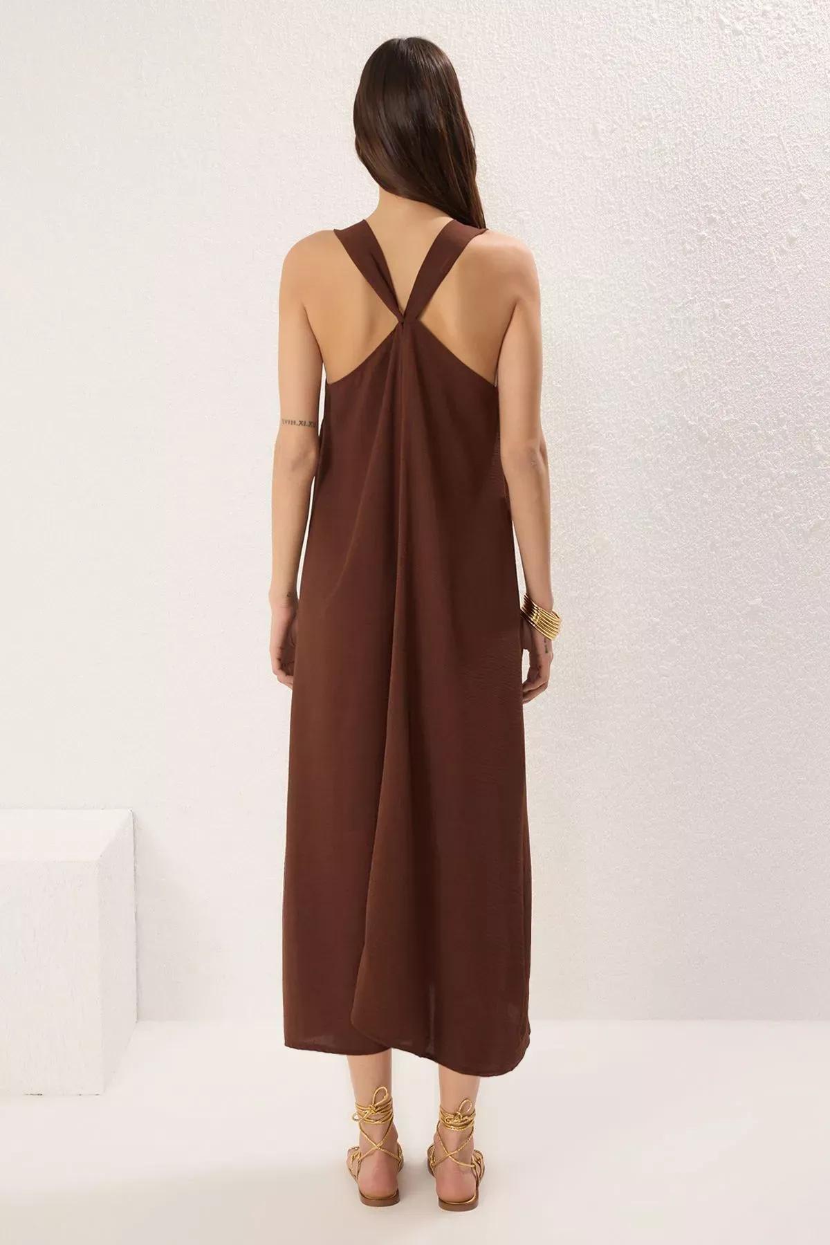 Brown Straight Cut Maxi Dress, Brown, large image number 3