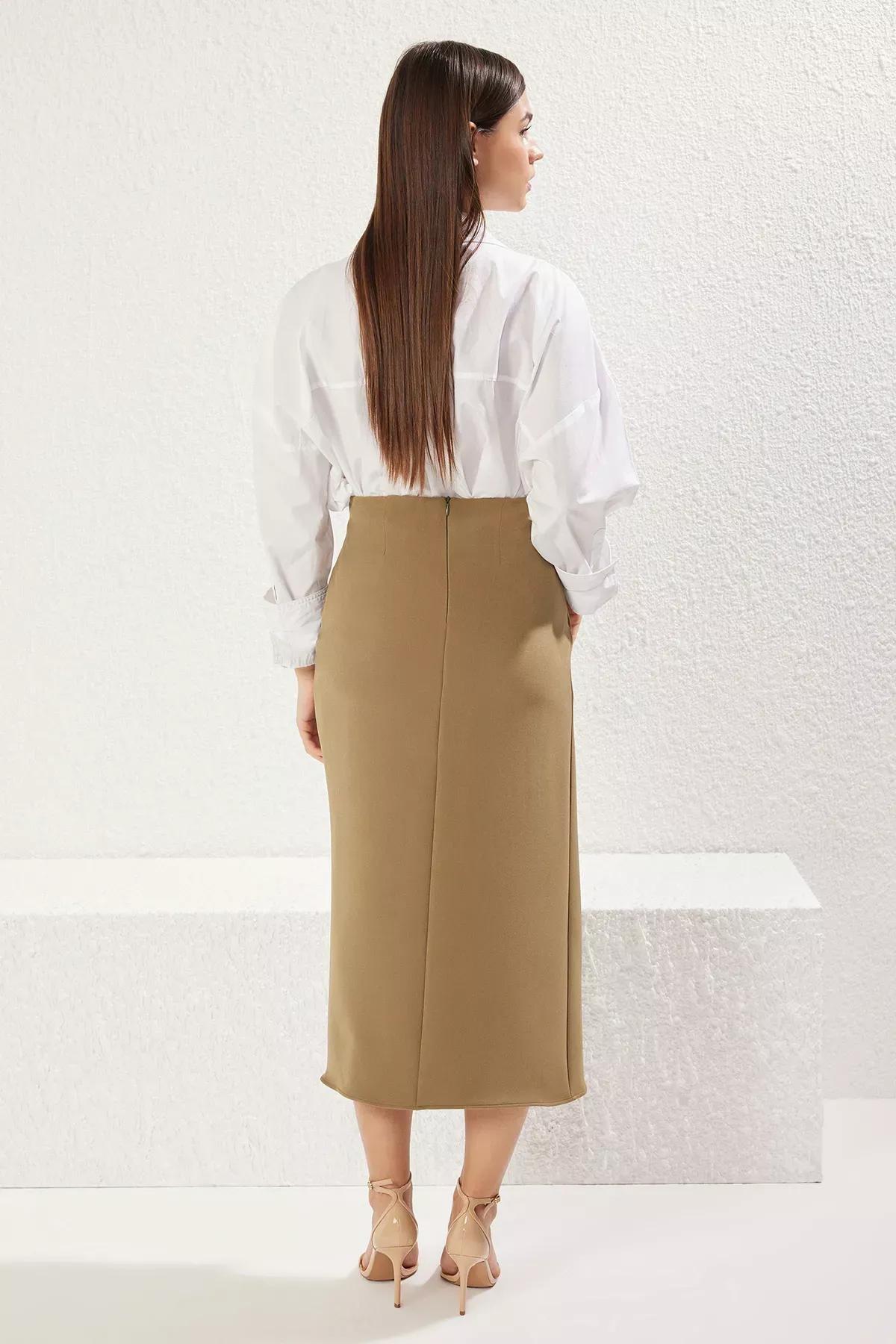 Green Side Slit Woven Skirt, , large image number 4