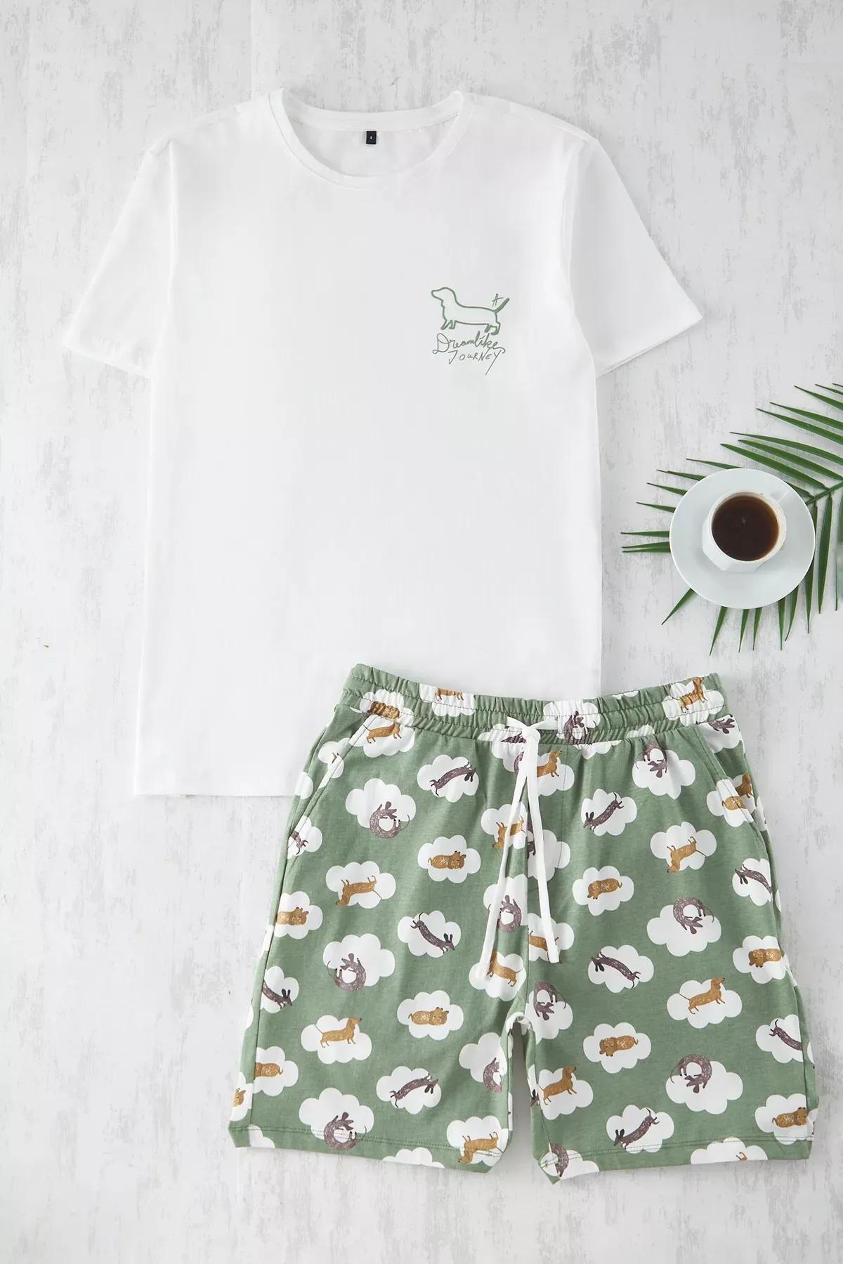 Green Dog Patterned Knitted Pajama Set, , large image number 0
