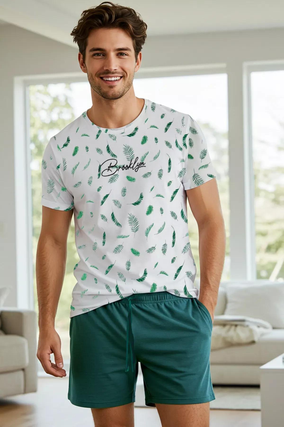Beige Green Slim Fit Knitted Pajama Set, , large image number 1