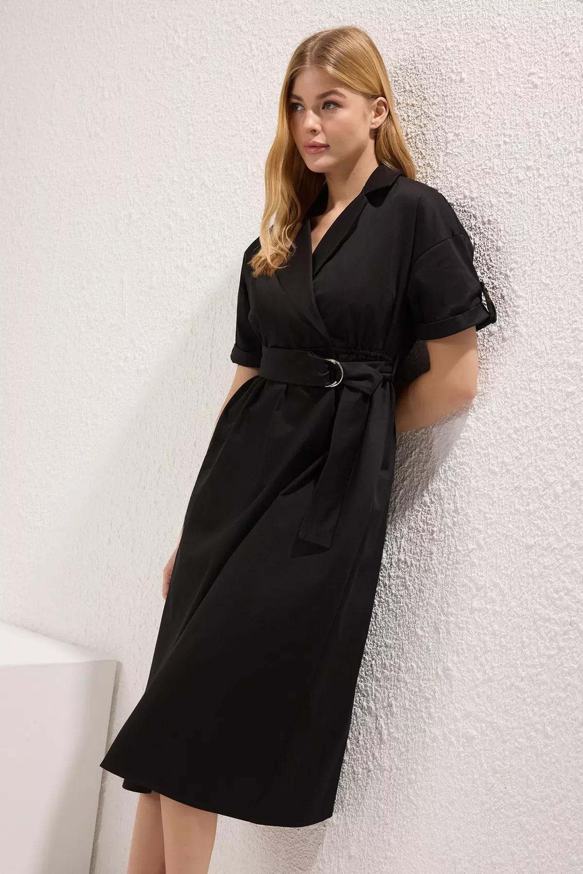 فستان متوسط الطول بقصة مستقيمة بقصة إيه-لاين بحزام، أسود, BLACK, large image number 1