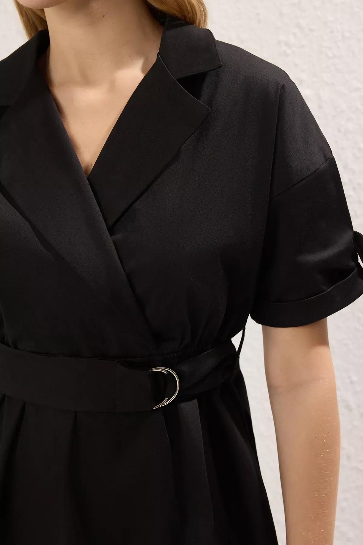 فستان متوسط الطول بقصة مستقيمة بقصة إيه-لاين بحزام، أسود, BLACK, large image number 2