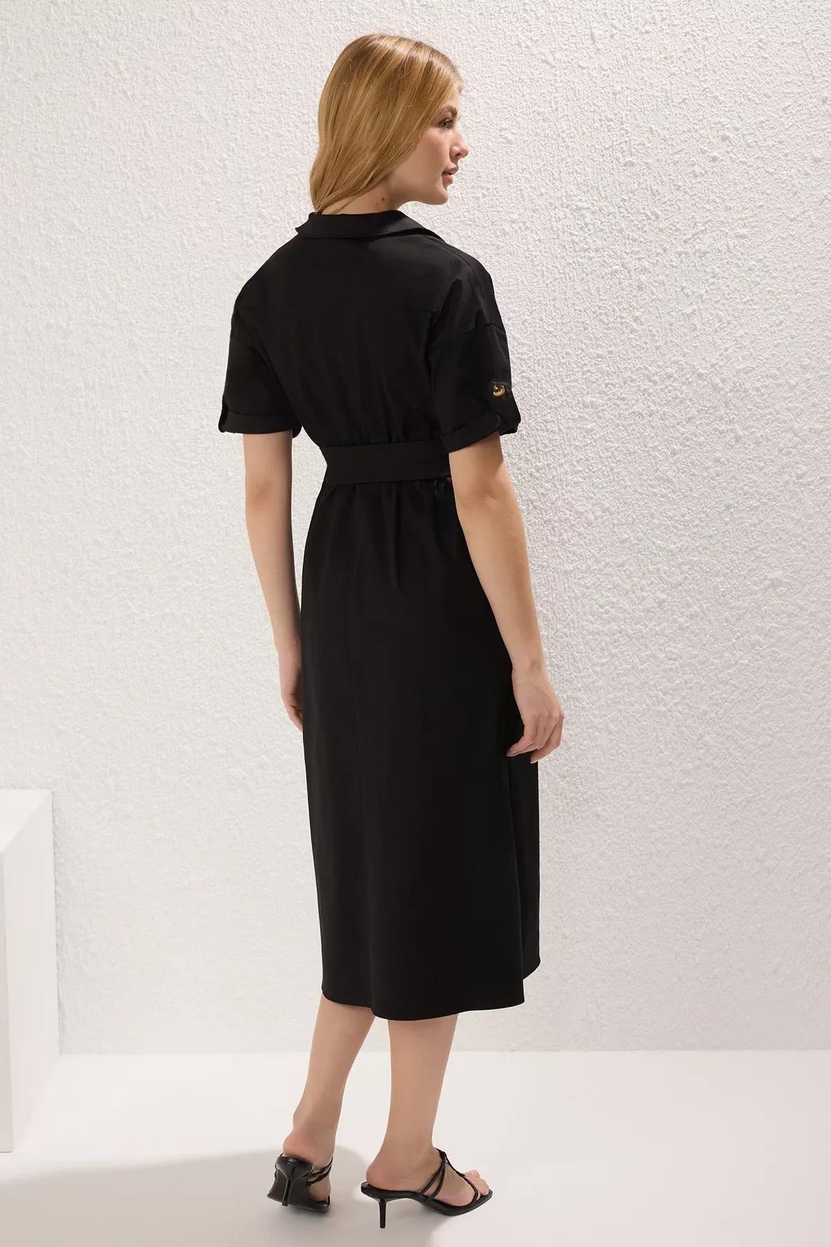 فستان متوسط الطول بقصة مستقيمة بقصة إيه-لاين بحزام، أسود, BLACK, large image number 3