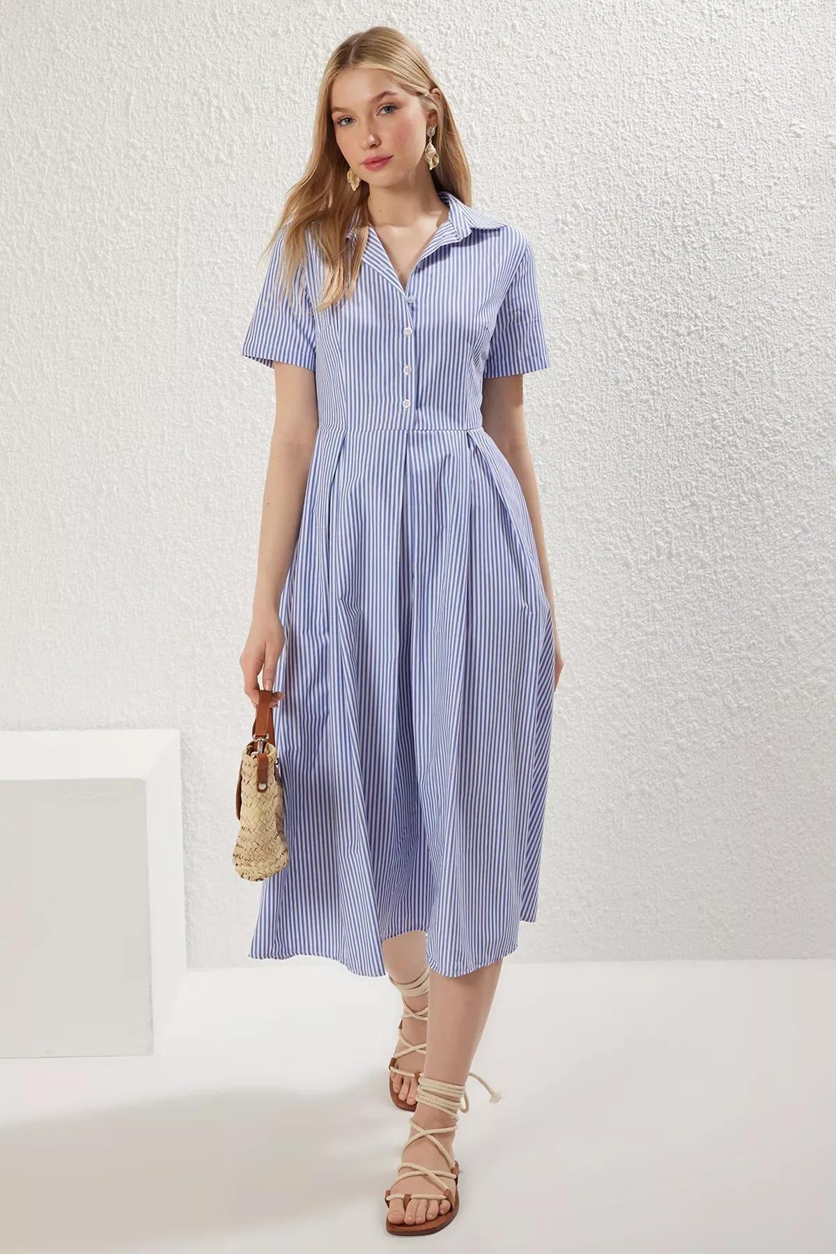 Blue Striped Opening Waist Midi Woven Dress, , large image number 0