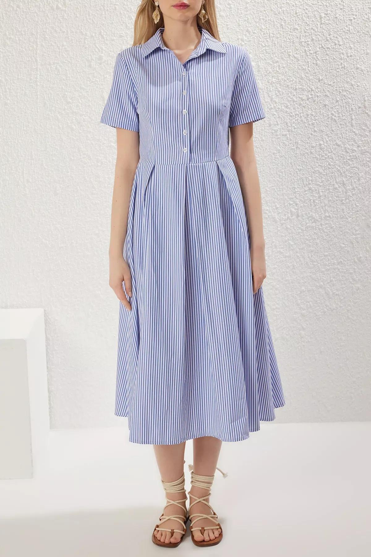 Blue Striped Opening Waist Midi Woven Dress, , large image number 2