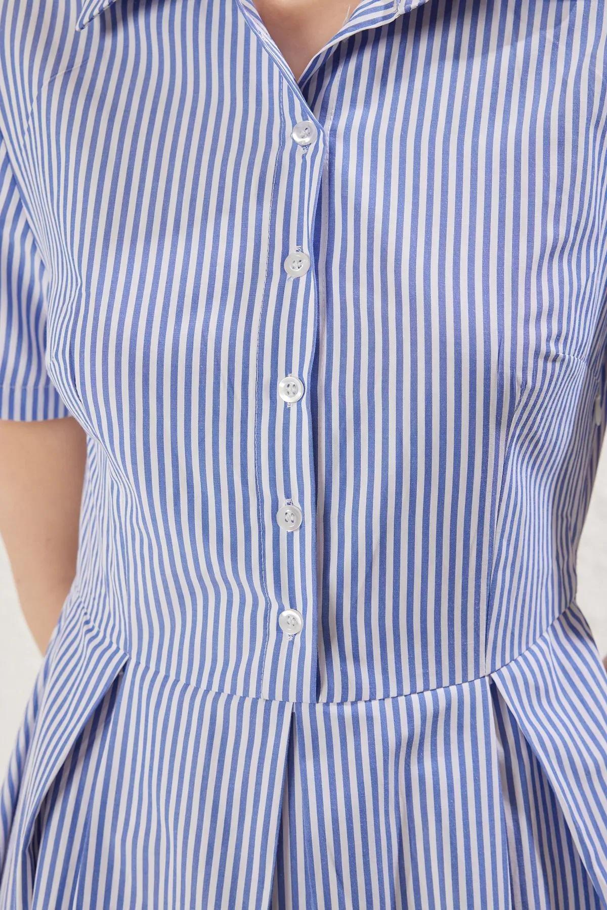 Blue Striped Opening Waist Midi Woven Dress, , large image number 3