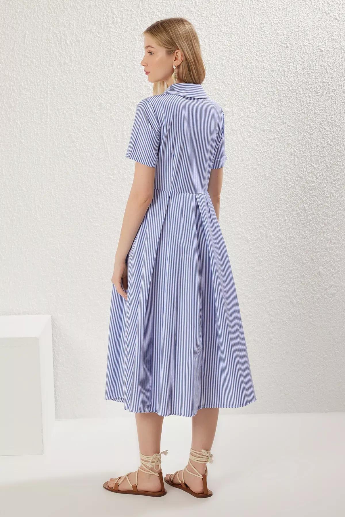 Blue Striped Opening Waist Midi Woven Dress, , large image number 4