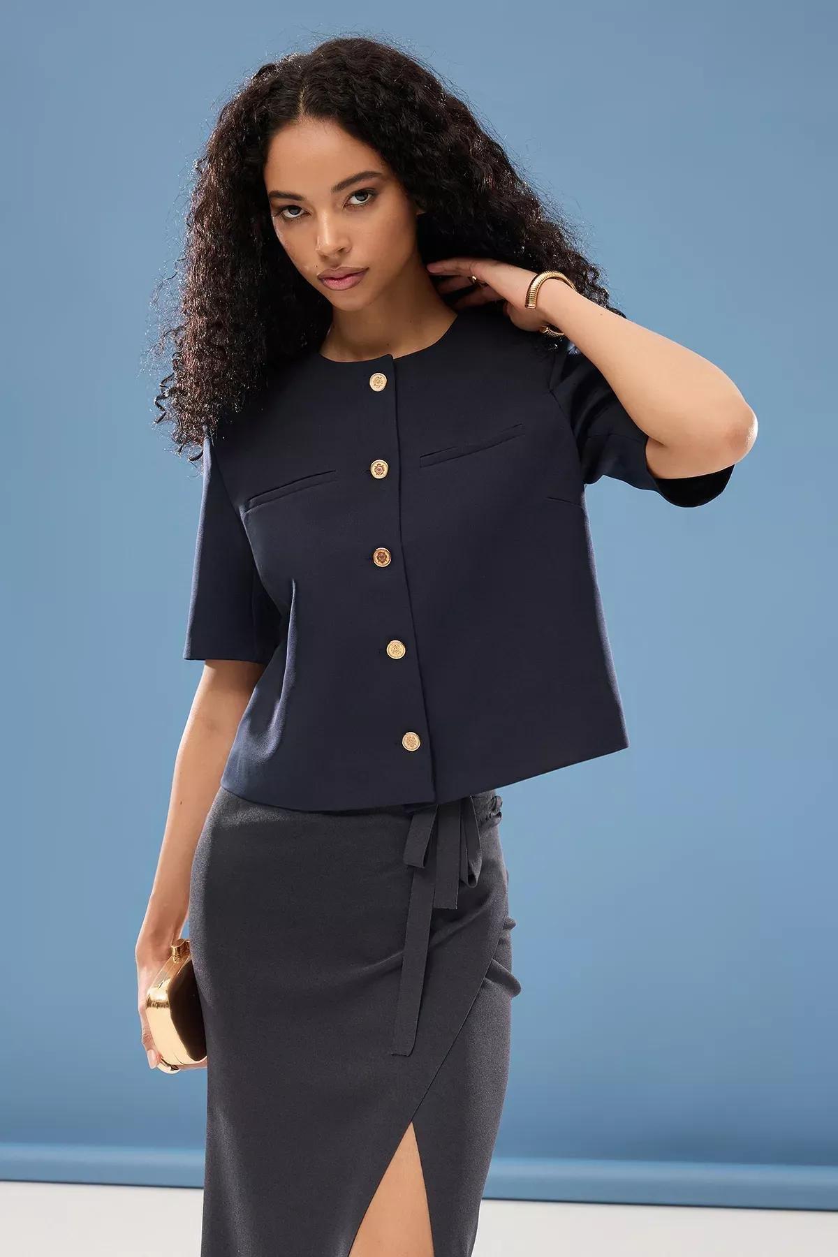 Navy Blue Casual Woven Blazer, Navy blue, large image number 0