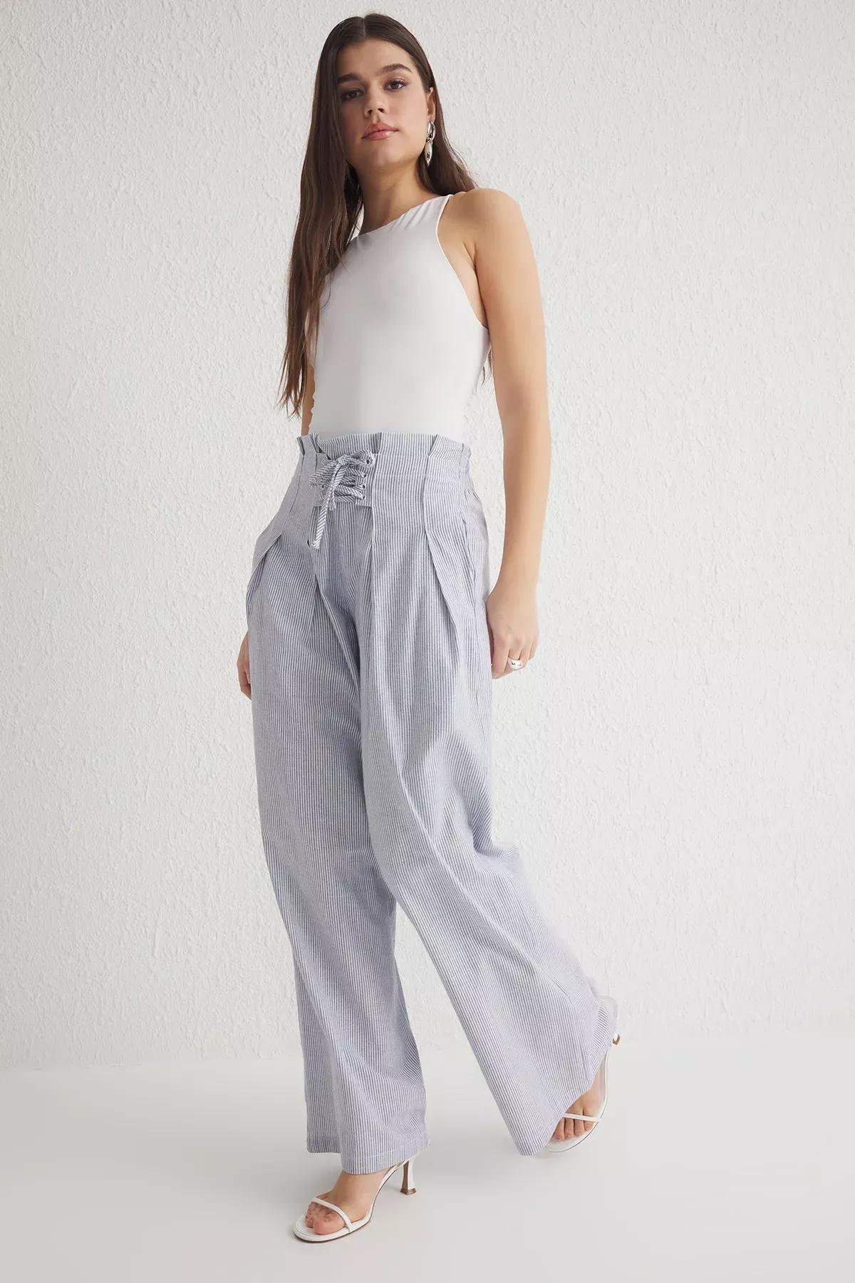 Multicolor Linen Striped Trousers, C101_7382, large image number 5