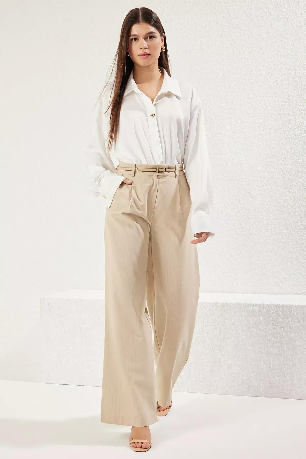 Beige Striped Wide Trousers, , large image number 0