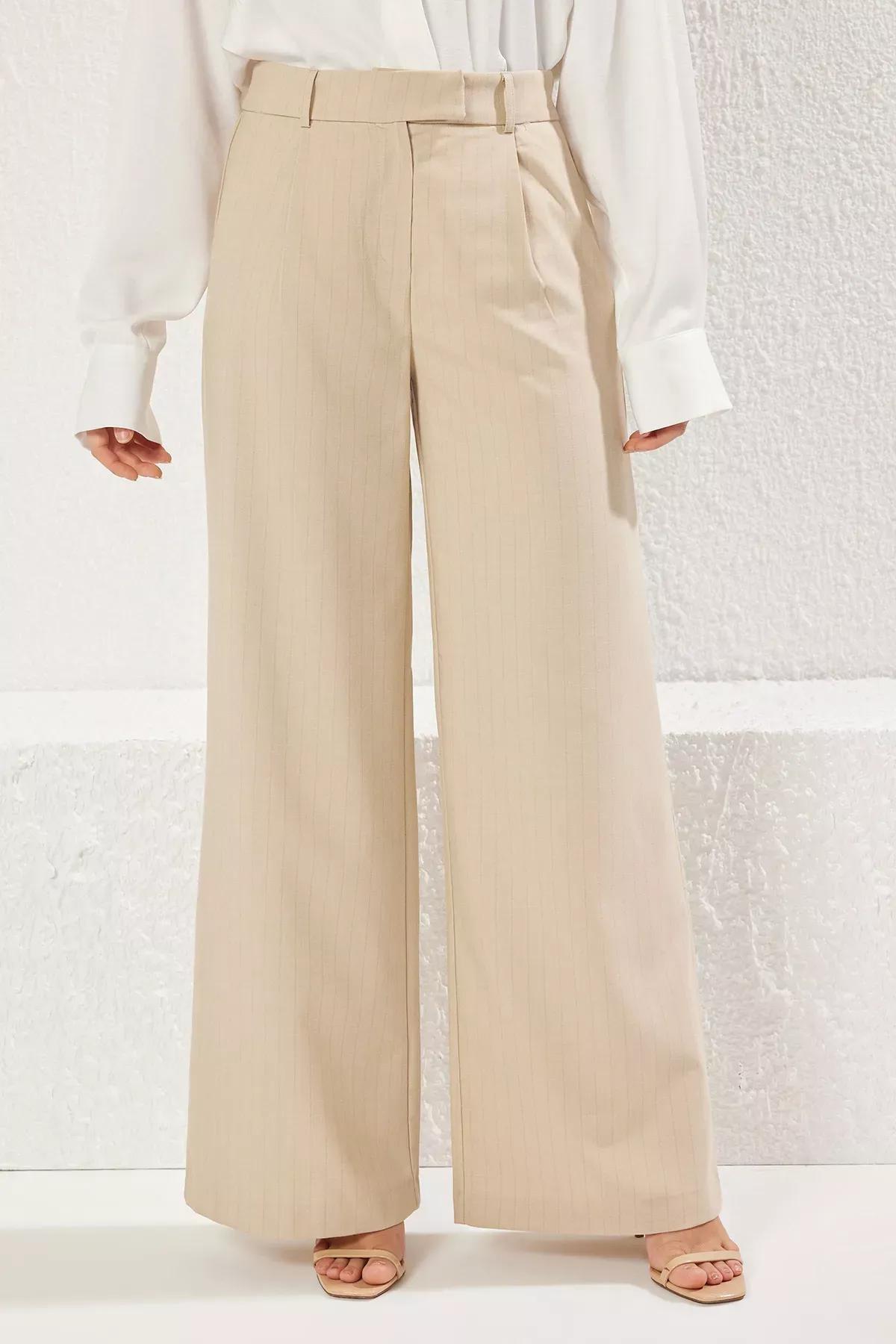 Beige Striped Wide Trousers, , large image number 2