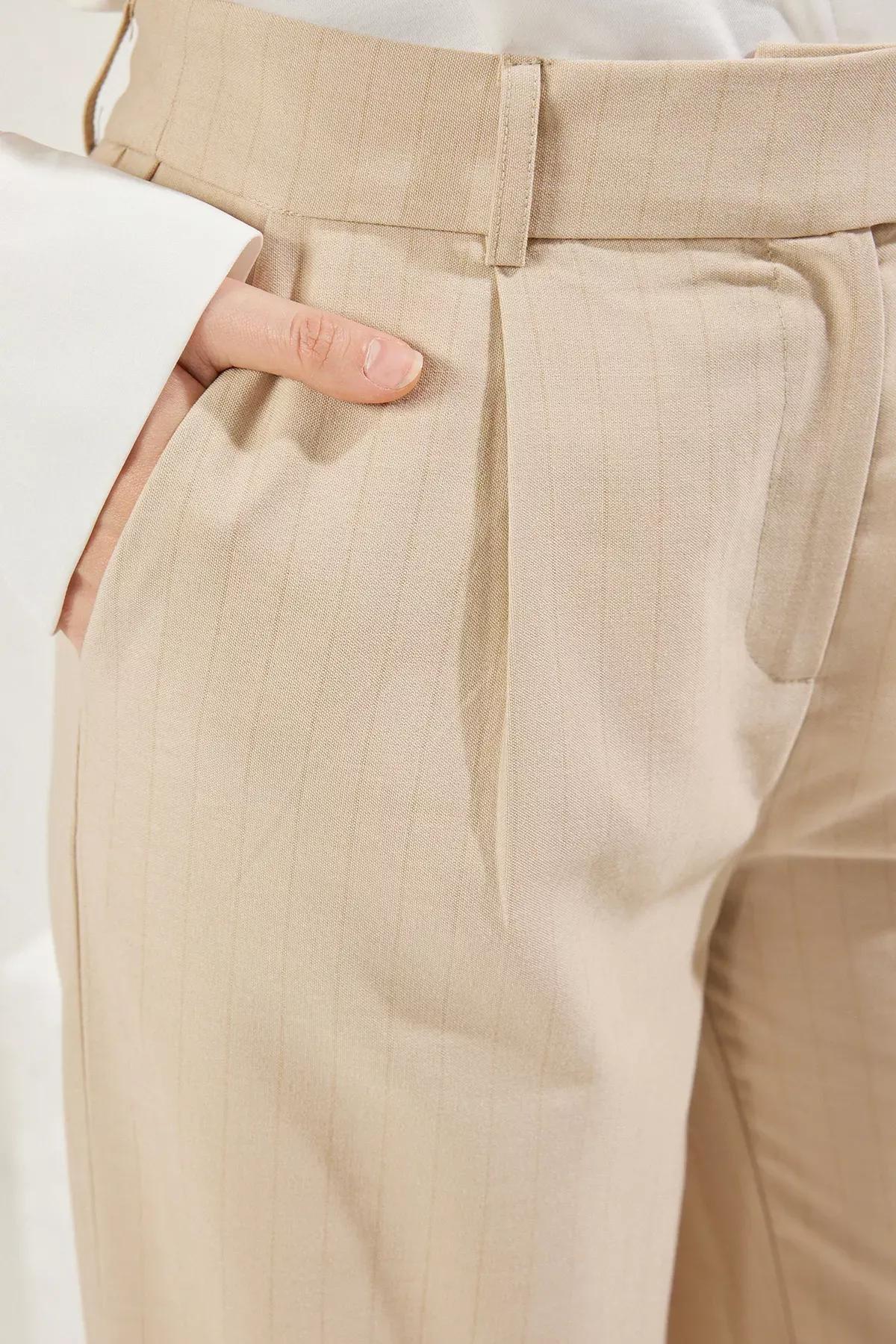 Beige Striped Wide Trousers, , large image number 3