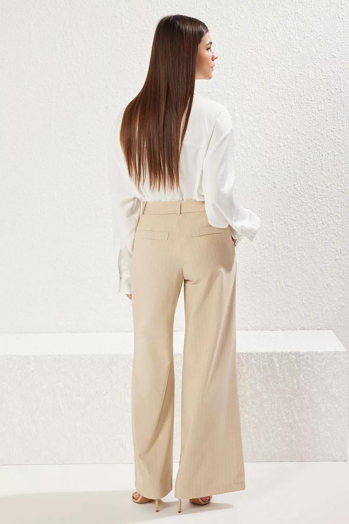 Beige Striped Wide Trousers, , large image number 4