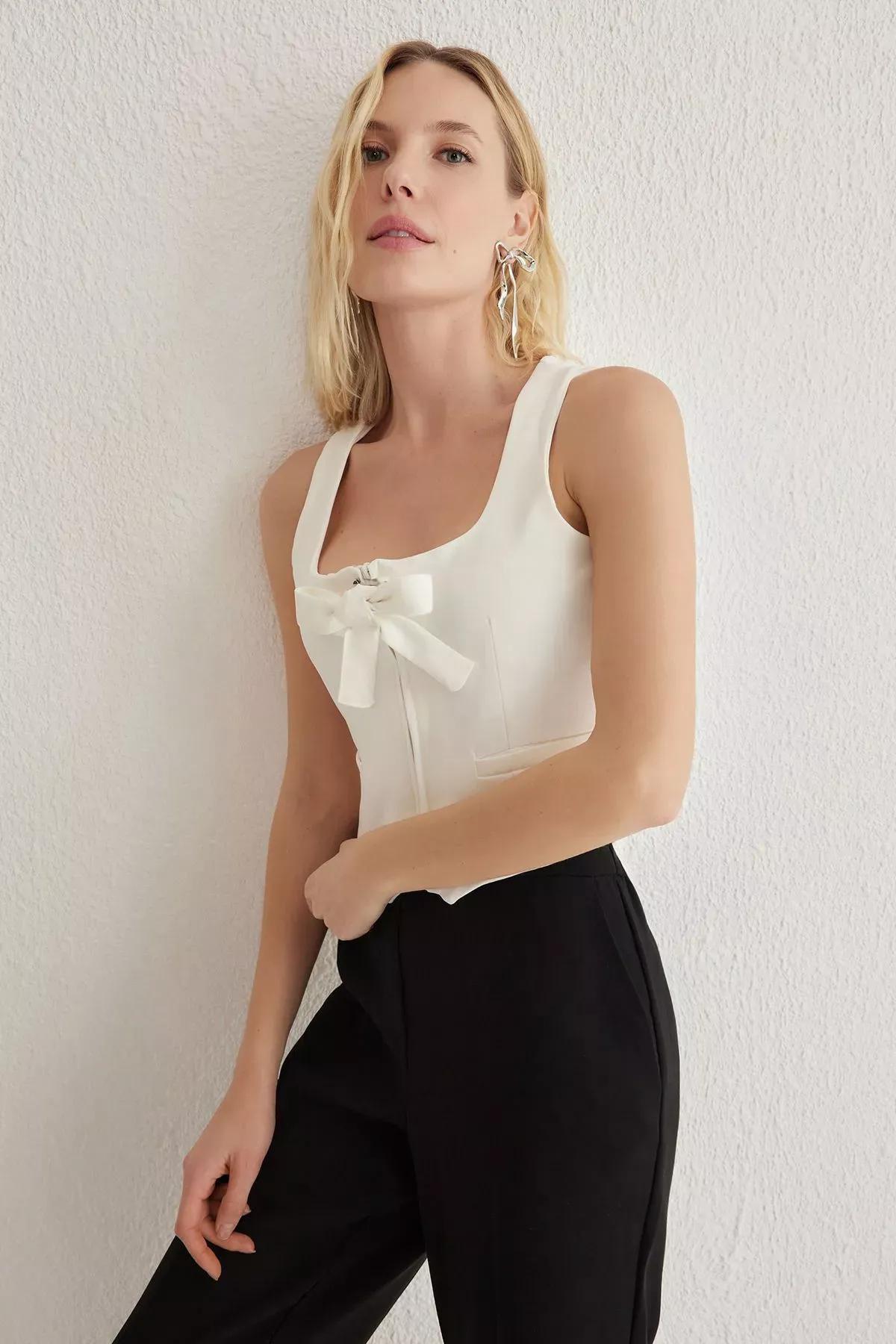 White Ribbon Detail Woven Vest, White, large image number 0