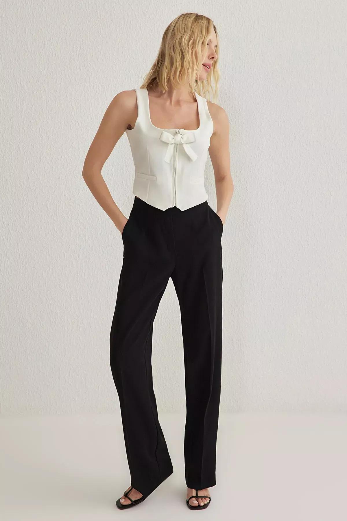 White Ribbon Detail Woven Vest, White, large image number 1