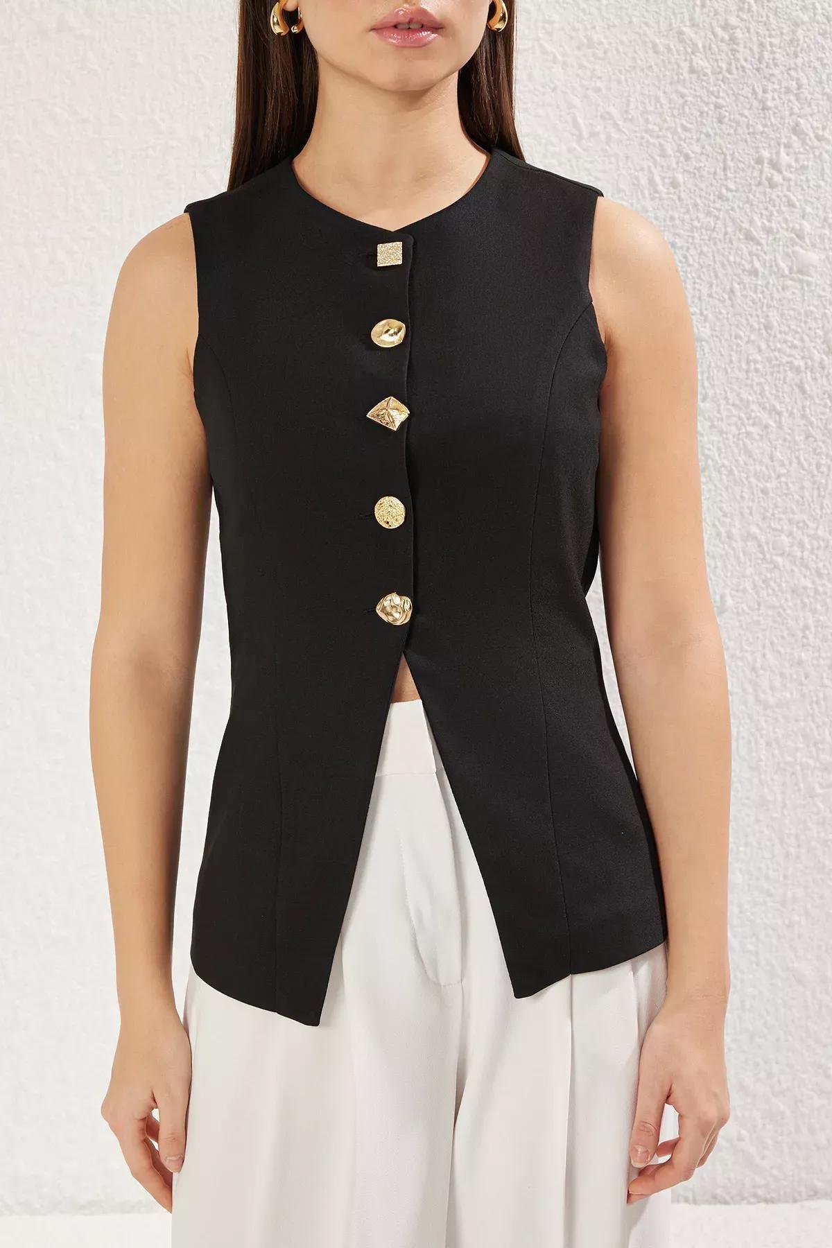 Black Crew Neck Vest, BLACK, large image number 0