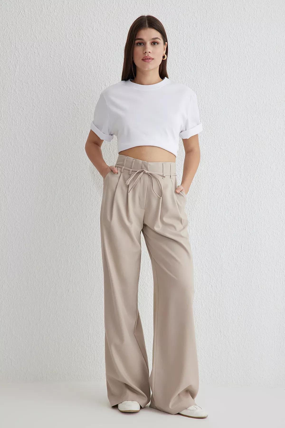 Beige Belted Wide Leg Trousers, , large image number 0