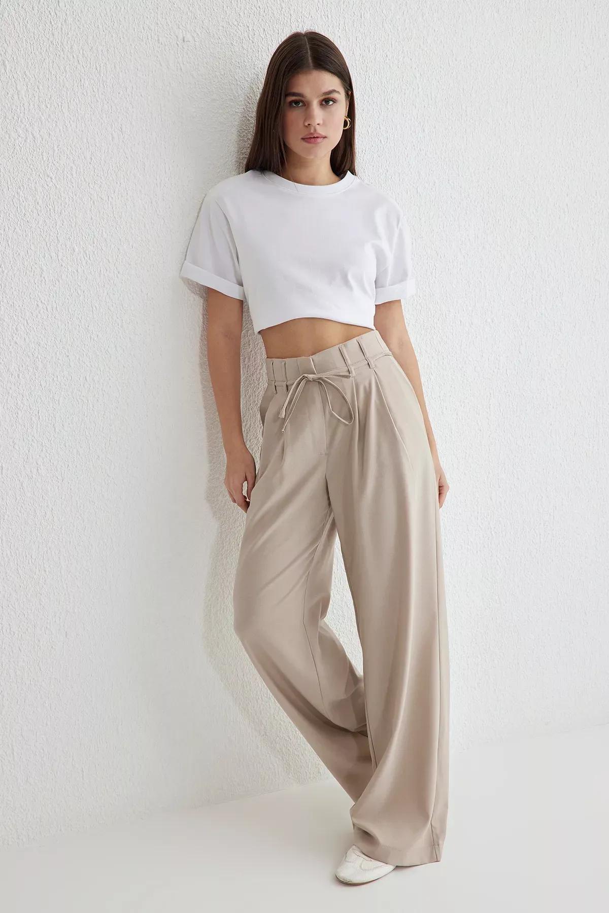 Beige Belted Wide Leg Trousers, , large image number 1