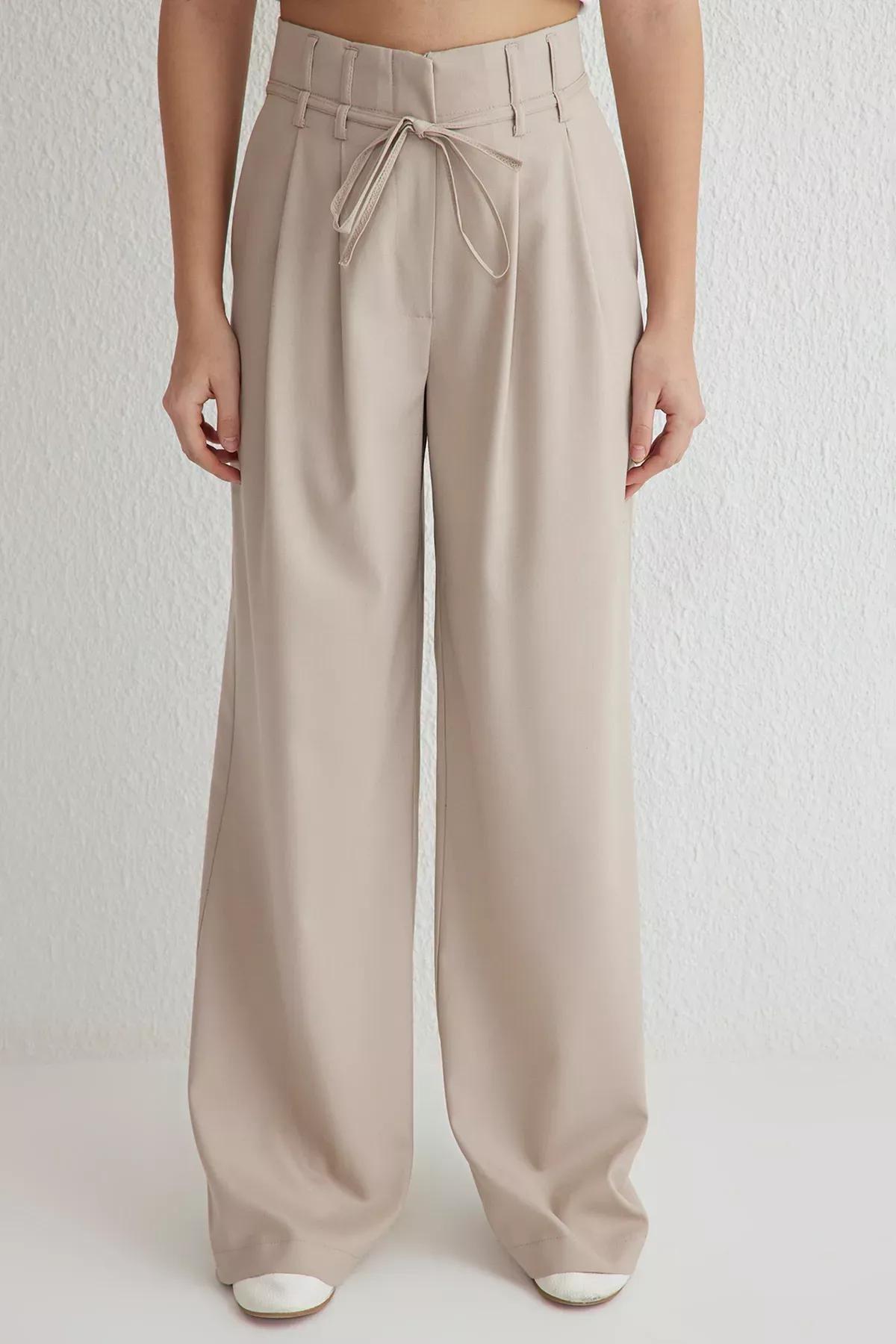 Beige Belted Wide Leg Trousers, , large image number 2