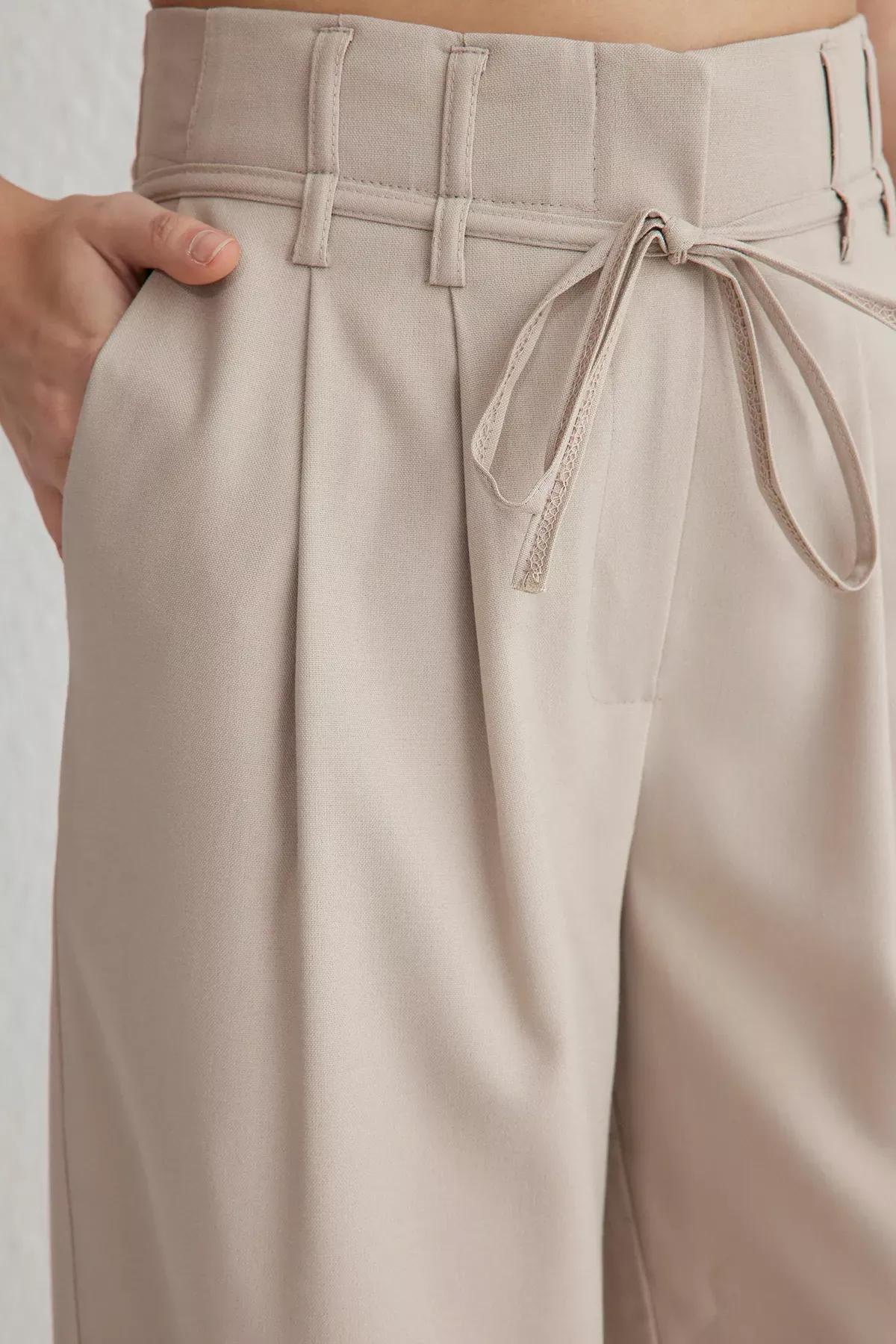 Beige Belted Wide Leg Trousers, , large image number 3