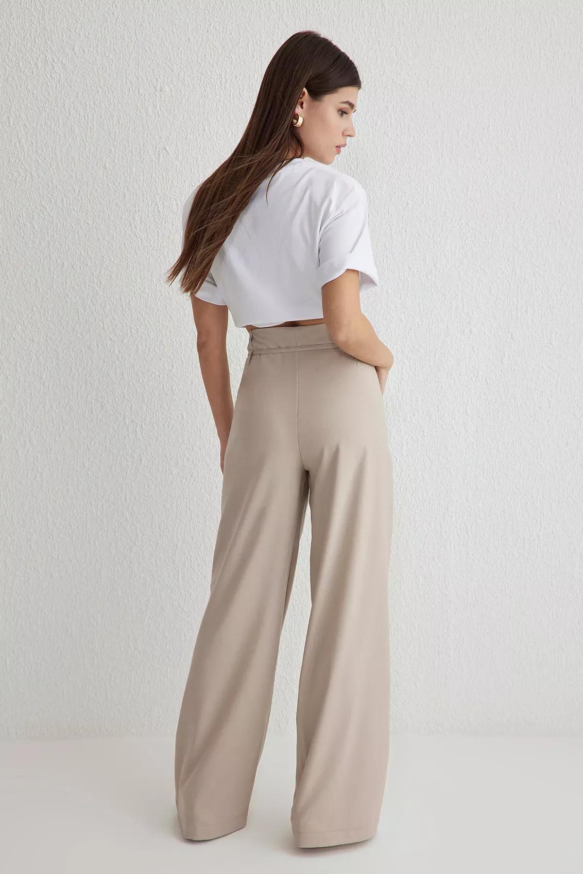 Beige Belted Wide Leg Trousers, , large image number 4